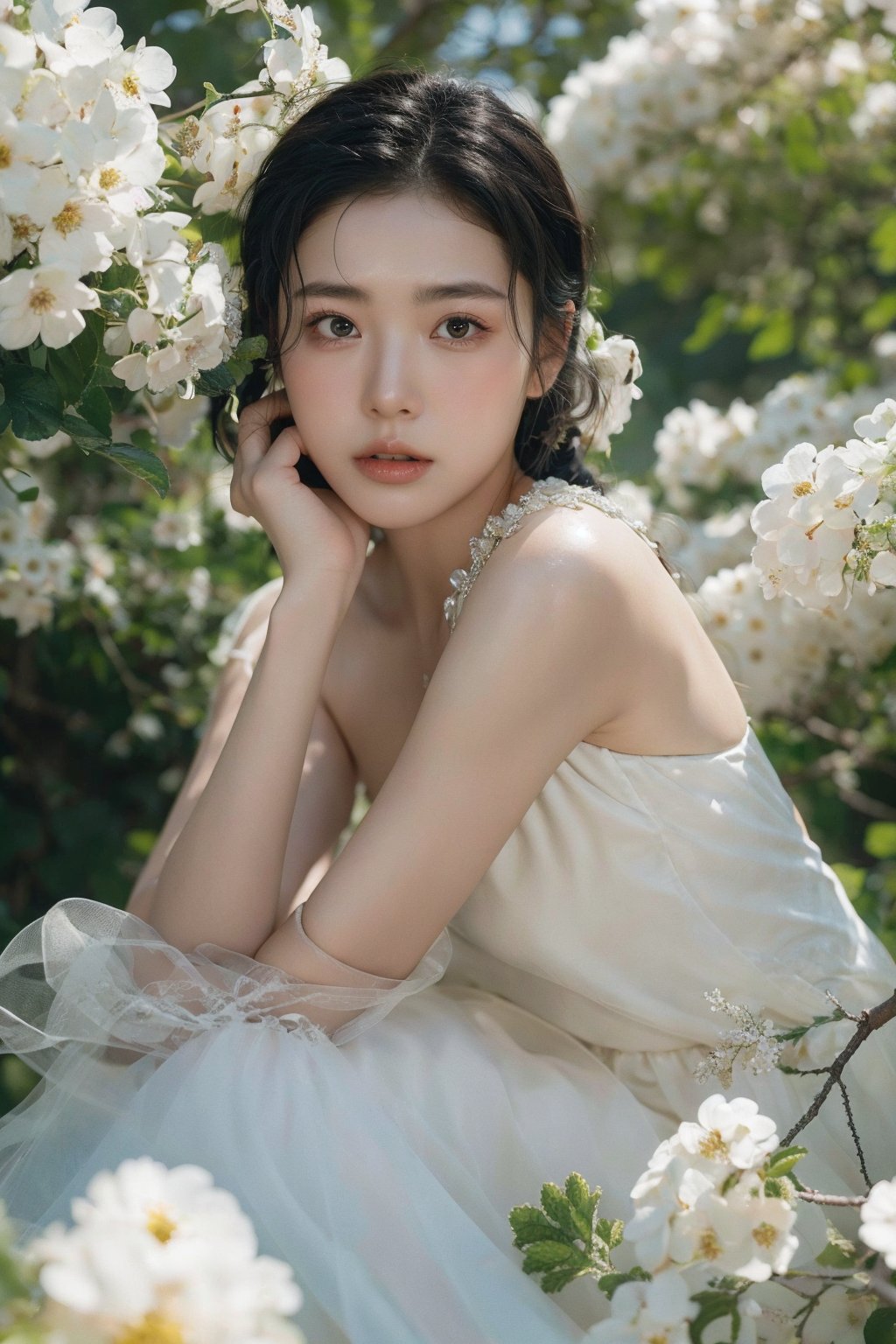 (RAW photo, 4k, realistic),masterpiece,best quality,official art,ultra-high resolution,original photo,8k quality,ultra realistic,ultra realistic,extremely beautiful skin,whole body,1 girl,flowers,white dress,bare branches,white moss,black hair,tree,solo,surrounded by white flowers,realistic,stunning details,full of amazing vitality and contrasting colors,soft lighting,vivid lighting,exquisite techniques,harmonious composition,cowboy photography,