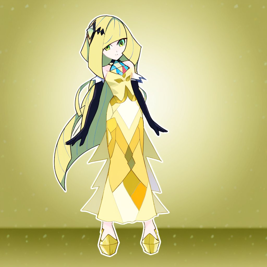 1girl, solo, lusamine, 2sygna2, green eyes, blonde hair, yellow dress, yellow footwear, high heels, hair accessory, black gloves, elbow gloves