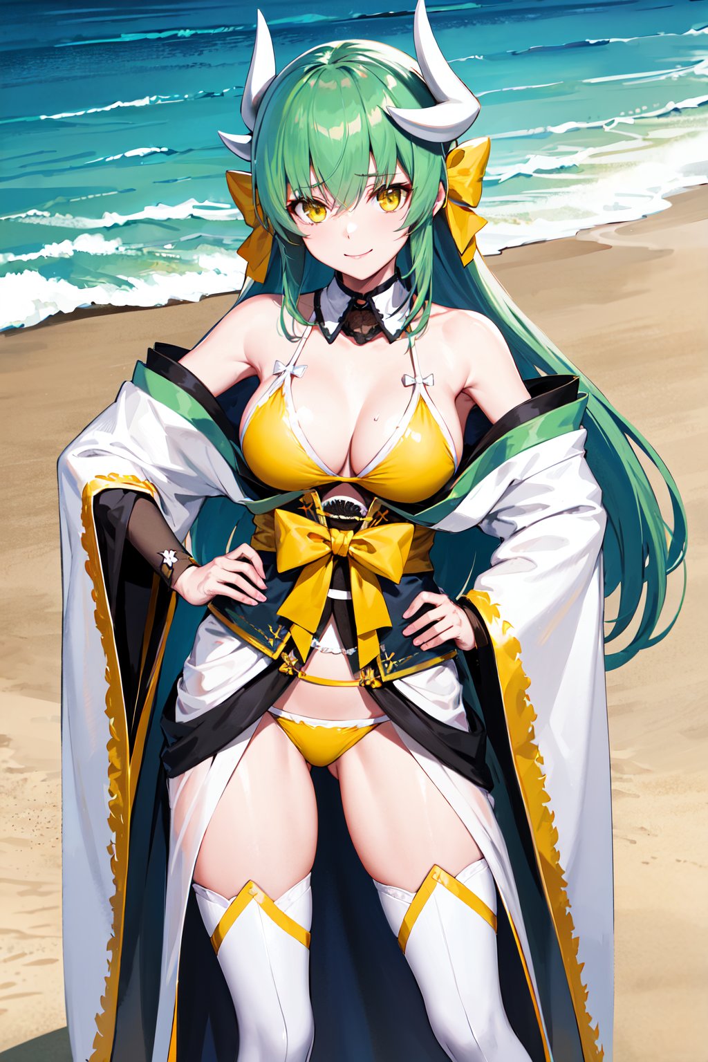 masterpiece, best quality, highres, aakiyo, long hair, green hair, white horns, hair bow, yellow bow, yellow eyes, detached collar, bare shoulders, off shoulder, yellow bikini, japanese clothes, kimono, sash, obi, white thighhighs, <lora:kiyohime_(lancer)_v1:0.7>, beach, standing, hand on hip, smile,