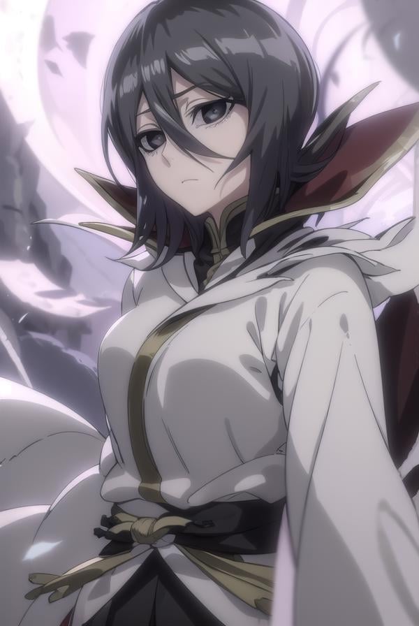 rukiakuchiki, <lora:rukia kuchiki movie3-lora-nochekaiser:1>,dark rukia kuchiki, kuchiki rukia, short hair, grey hair, hair between eyes, (black eyes:1.5), (black sclera:1.5),BREAK cape, robe, white robe, high collar, long sleeves, torn clothes,BREAK outdoors,BREAK looking at viewer,BREAK <lyco:GoodHands-beta2:1>, (masterpiece:1.2), best quality, high resolution, unity 8k wallpaper, (illustration:0.8), (beautiful detailed eyes:1.6), extremely detailed face, perfect lighting, extremely detailed CG, (perfect hands, perfect anatomy),