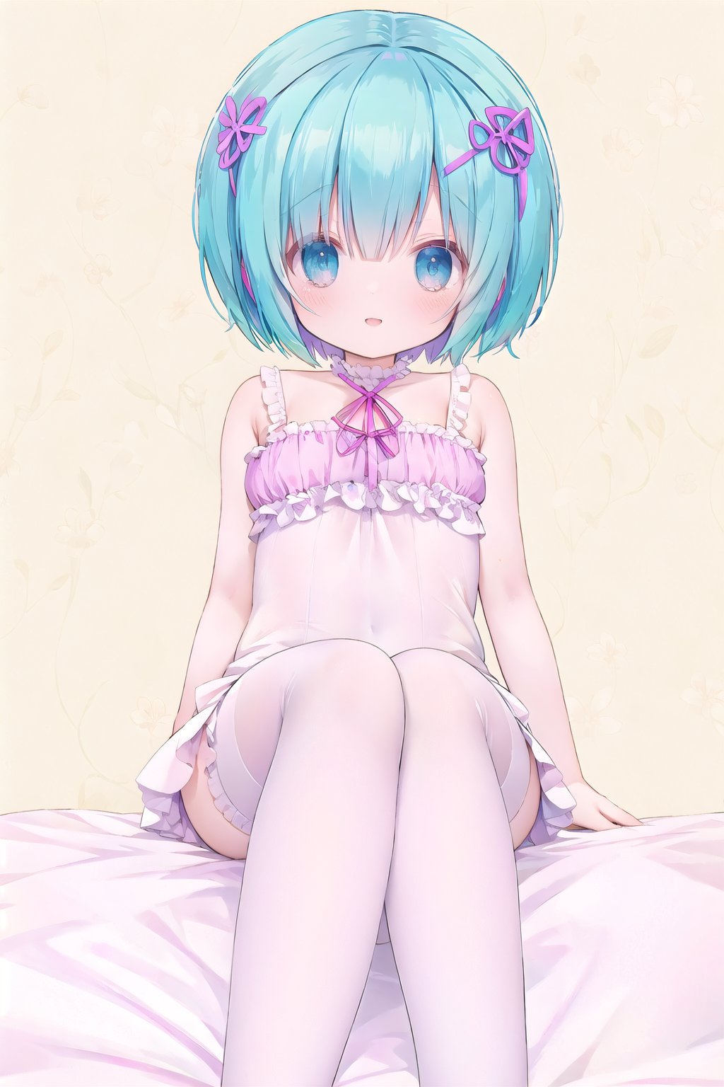 rem sitting on bed,legs raised,white stockings,bedroom background,<lora:kl-鬼针草V09:0.8>,