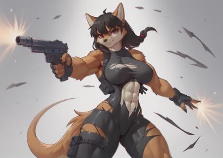 score_9, score_8_up, score_7_up, best quality, highest scoreanthro furry muscular female, body suit, looking at viewer, damaged clothing, aiming a gun<lora:Melowh_Artist_Style_PonyXL:1>