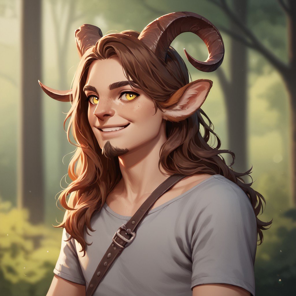 (((detailed, beautiful, high quality))), upper Body, score_9, score_8_up, score_7_up,satyr, faun, horns, animal ears, big horns, 1male, long hair, brown hair, yellow eyes, smile, goatee, grey medieval T-shirt, shoulder strap,looking at the viewer, posing, blurred background, blurred fantasy background,