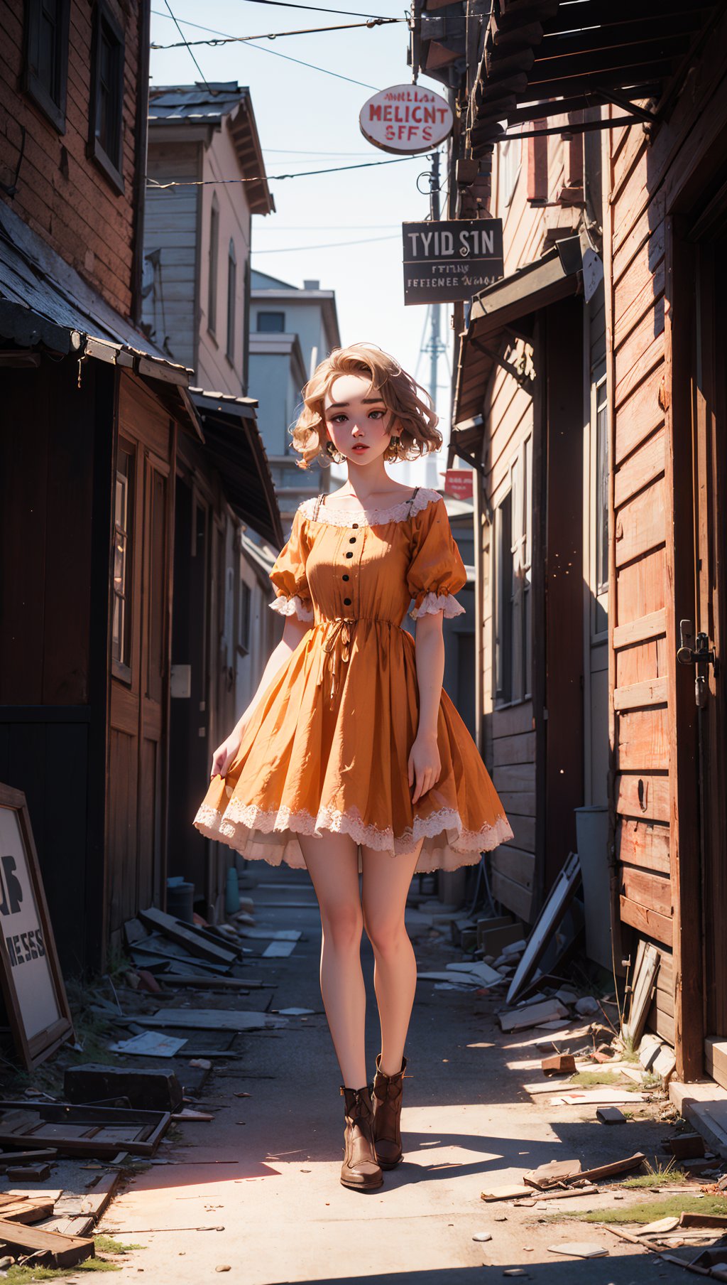 FlorencePugh,Parisienne dress,feminine pose,well-lit wooden structure,abandoned Wild West ghost town,late afternoon,colorful red orange yellow light,very emotional camera angle,medium format camera,in the style of (Life Magazine),