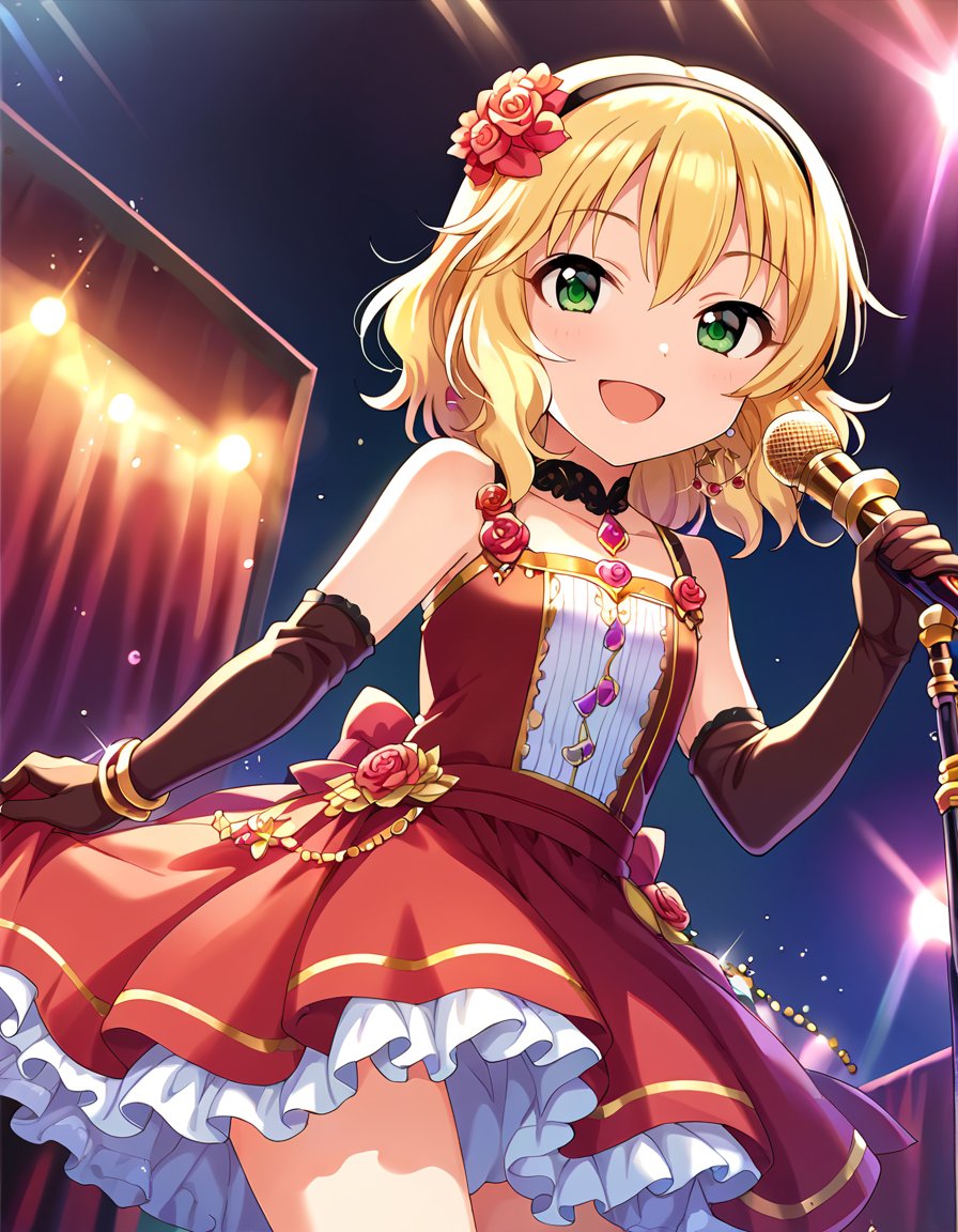 score_9, score_8_up, score_7_up, source_anime,1girl, solo, dutch angle,  idol concert, singing on stage, microphone, smile, looking at viewer,  open mouth, red theme, live theater, large television,  light particles,  <lora:SakuraiMomoka_pony_v1:0.9> skrimmk, short hair, blonde hair, wavy hair, hairband, hair flower, bangs, hair between eyes, green eyes, flat chest, red dress, frilled dress,  gold embroidery, elbow gloves,  jewelry, 