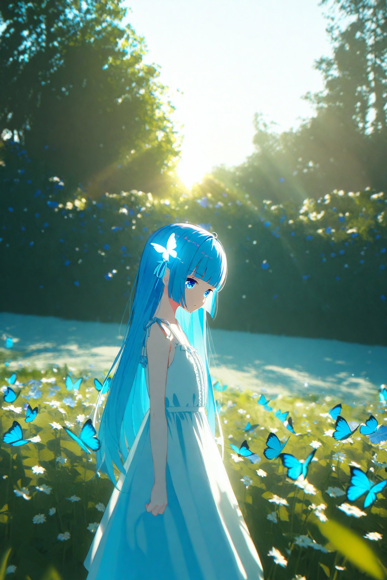 masterpiece,best quality,high quality,(colorful),1girl,loli,wide shot,(depth of field),global illumination,soft shadows,backlight,lens flare,((colorful refraction)),((cinematic lighting),looking outside,with butterfly,1girl with lightblue long hair and blue aqua eyes,hair flowers,hime cut,sunlight,blurry background,blurry,garden,White Dress,