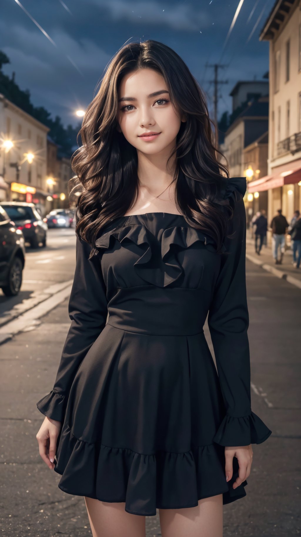 masterpiece, highest quality, 8k high quality photo, cinematic lighting, deep shadow, 1girl, gorgeous face, fearless smile, smooth soft parl skin, light-blown medium wavy hair, looking into camera, (standing on european street), model posing, front view,((cowboy shot)), (long sleeves frilled dress:1.2), at late night, ((night:1.5))