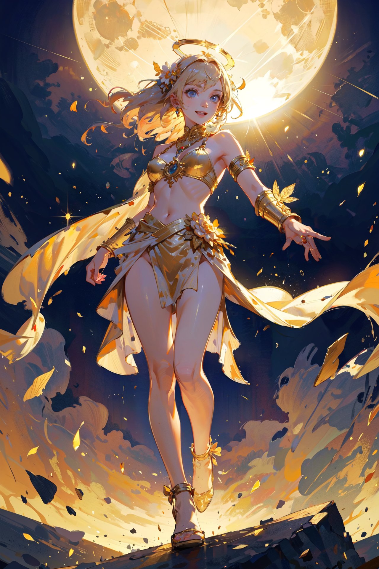 ((best quality, masterpiece, absurbres, super-resolution)) ,view from below, flowers on head wrapped in smoke,behind a radiant halo of gold in the shape of the sun,(skimpy godly robes:0.9),(((dynamic pose))),absurdres,16k super detailed,open top,gold ornamentation,armlet,neck chain,epic lighting