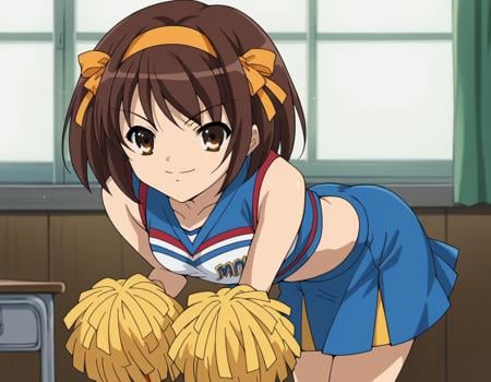 score_9, score_8_up, score_7_up, source_anime,haruhisuzumiya,  <lora:haruhi-suzumiya-s1-ponyxl-lora-nochekaiser:1>,haruhi suzumiya, short hair, brown hair, brown eyes, hairband, medium hair, ribbon, hair ribbon,skirt, pleated skirt, blue skirt, cheerleader, pom pom \(cheerleading\), sleeveless,indoors, classroom, bent over, smile,looking at viewer, cowboy shot, solo,