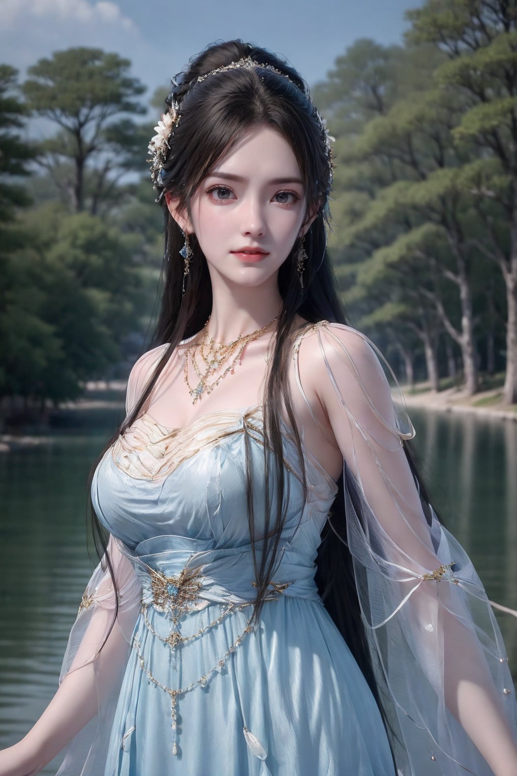 <lora:QingYi:1>,QingYi, 1girl, jewelry, solo, necklace, long hair, dress, earrings, 