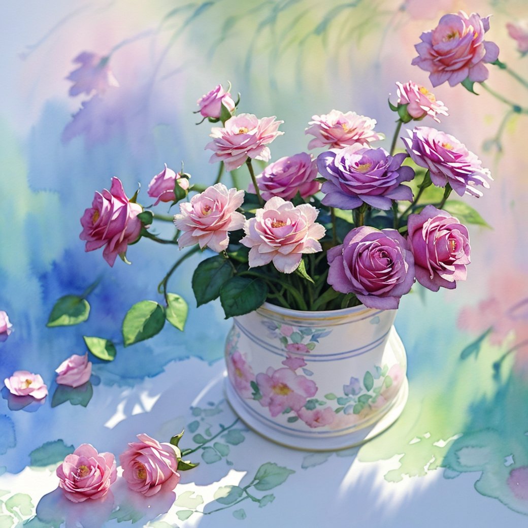 flower,pink rose,pink flower,no humans,rose,white background,((Monet style)),rim light,plant,still life,parameters realistic,vibrant colors,Childhood life,creek,high level of detail.(masterpiece:1,2),best quality,masterpiece,highres,original,extremely detailed wallpaper,perfect lighting,(( Watercolor Painting Style)),purple rose,pink carnation,<lora:SHUICAI:0.8>,