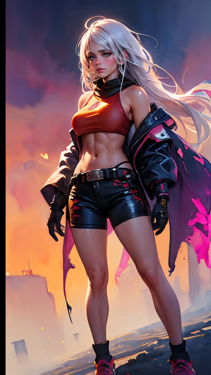 (watercolor painting:1.4), (dynamic angle:1.3), DV_Ruslana_Vicious with white hair, bandit style, fit, abs, athletic long legs, sneakers, grim, looking at the camera, approaching perfection, dynamic, orange black blue and pink colors, busty, (highly detailed, digital painting, artstation, concept art), sharp focus, illustration, art by Carne Griffiths and Wadim Kashin, watercolor style, <lora:add_detail:0.7>, <lora:bimbostyleThreeU:0.3>, <lora:hair_length_slider_v1:1.5> longer hair, RAW photo, (masterpiece:1.3), subsurface scattering, heavy shadow, (high quality:1.4), (intricate, high detail:1.2), professional photography, HDR, High Dynamic Range, realistic, ultra realistic, photorealistic, high resolution, film photography, DSLR, 8k uhd, Fujifilm XT3