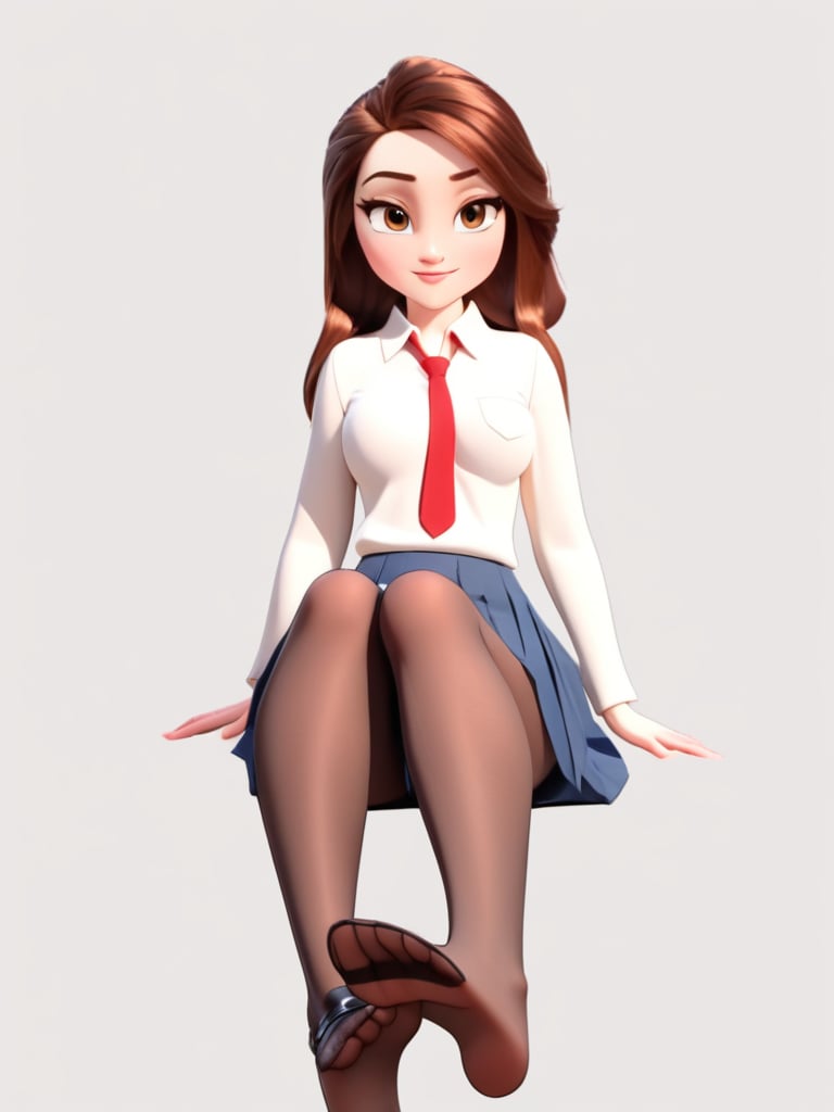 <lora:xl_Disney style(kohaku_delta)-000006:1>,Disney style,3d,1girl,pantyhose,solo,shoes,feet,skirt,shoes removed,school uniform,necktie,sitting,brown eyes,long hair,black legwear,brown hair,smile,looking at viewer,soles,loafers,white background,simple background,foreshortening,toes,pleated skirt,shirt,full body,foot focus,breasts,no shoes,blue skirt,white shirt,medium breasts,red neckwear,, masterpiece, best quality,