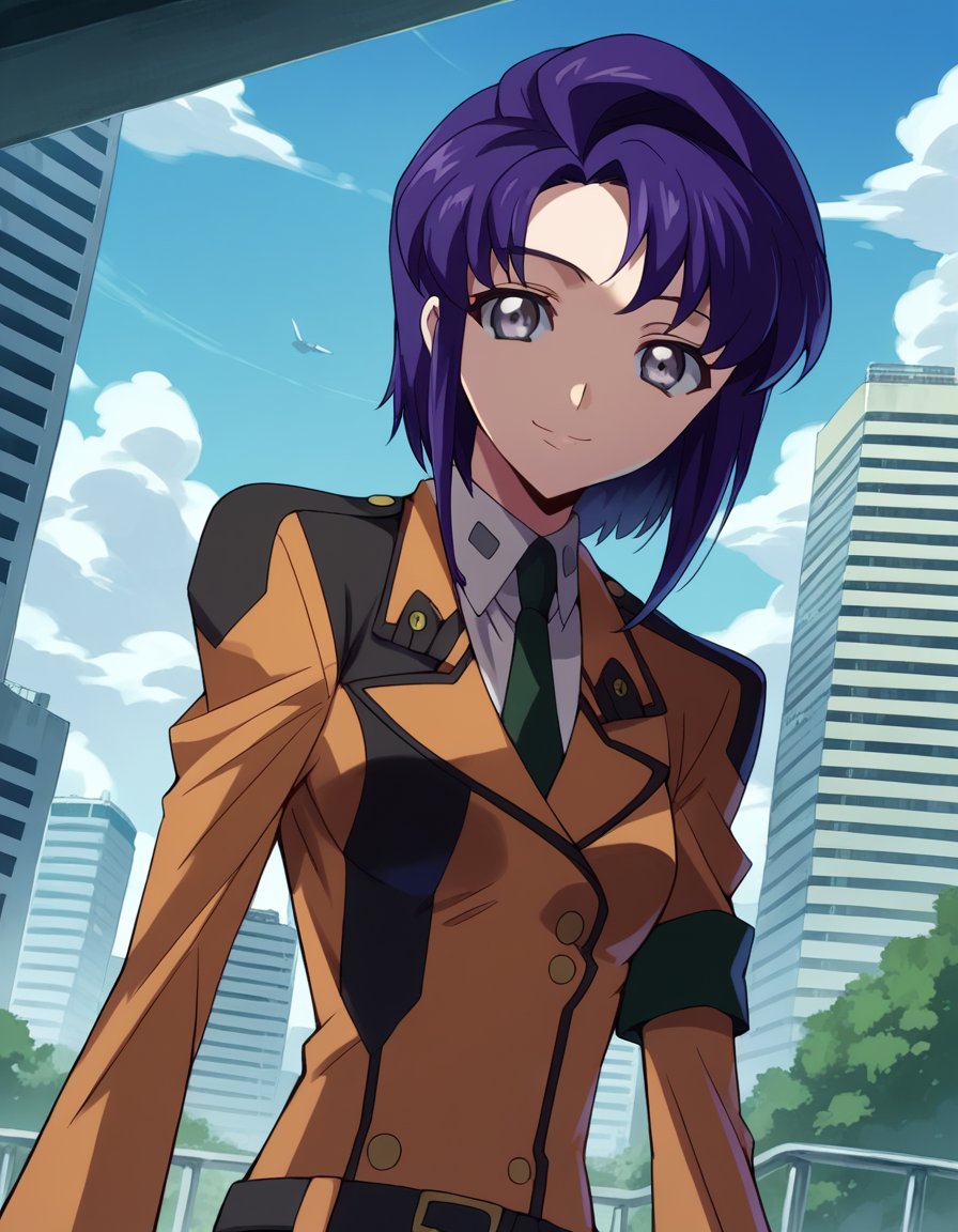 score_9, score_8_up, score_7_up, source_anime,cecilecroomy, <lora:cecile-croomy-s1-ponyxl-lora-nochekaiser:1>,cecile croomy, short hair, grey eyes, purple hair,necktie, belt, uniform, military, military uniform,outdoors, cityscape, smile,looking at viewer, dutch angle, cowboy shot, solo,