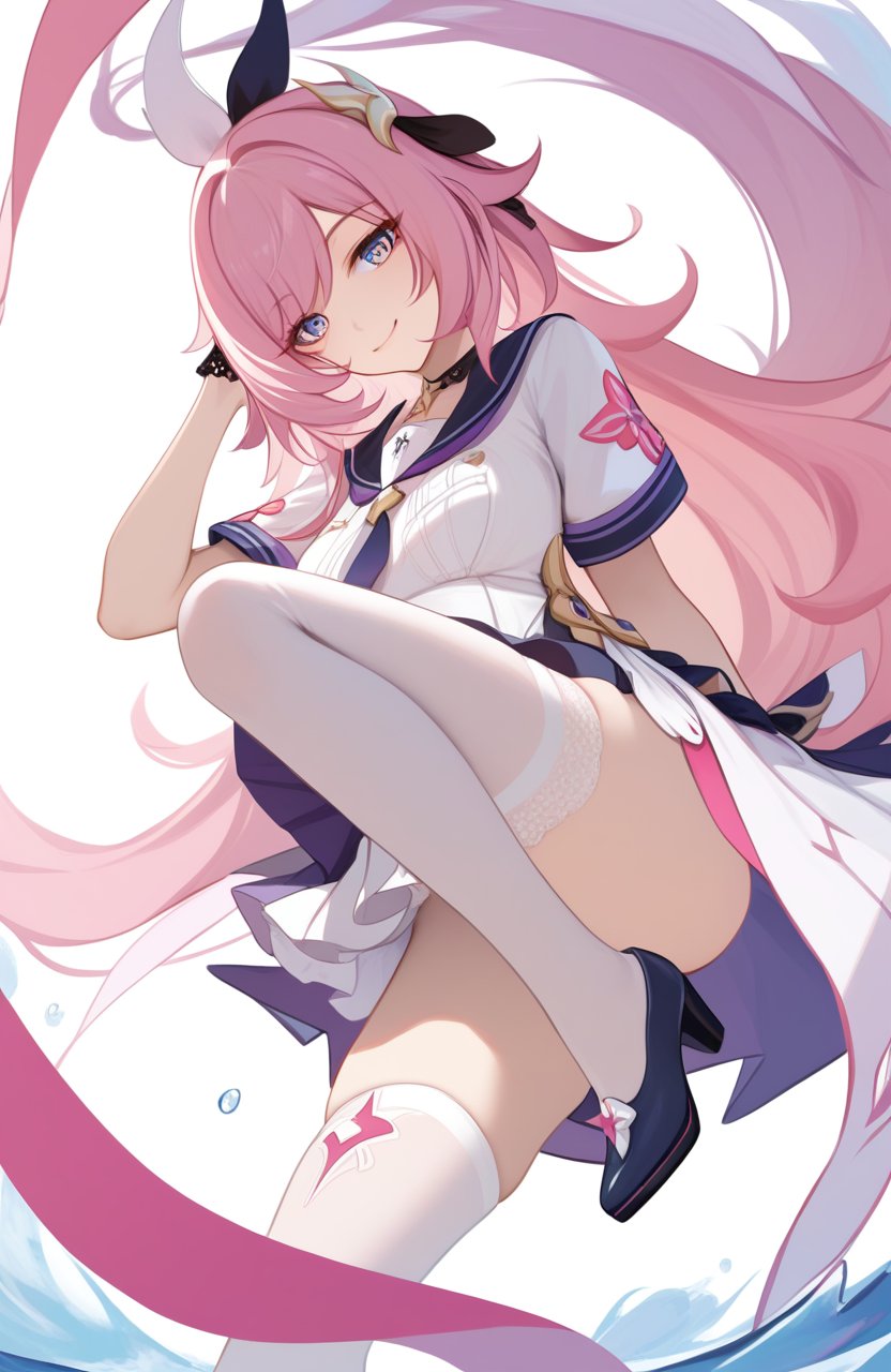 <lora:爱莉希雅pony-000015:1>,elysia (honkai impact),a girl named elysia (honkai impact),school uniform,white legwear,star \(sky\),smile,looking at viewer,wariza,, (score_9,score_8_up,score_7_up),(masterpiece,best quality,high quality:1.2),absurdres, 4k, uncensored, prefect lighting, rating_explicit, very aesthetic, anime BREAK