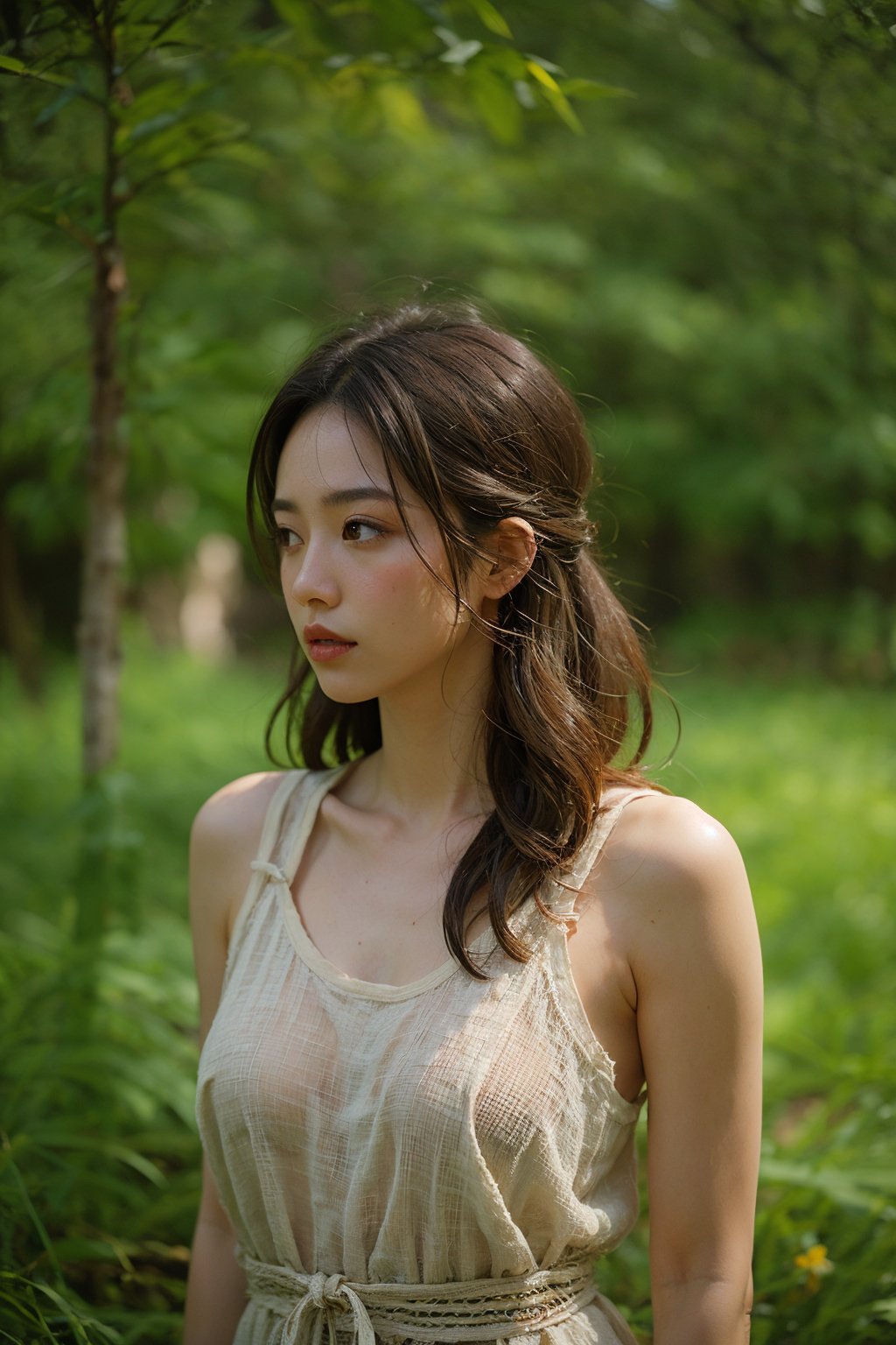 1girl,flowers,whole body,(yellow reed:1.1),forest,solo,long hair,(realistic:1.1),white background,brown hair,simple background,lips,parted lips,looking to the side,forehead,looking away,black hair,bare shoulders,signature,brown eyes,tank top,black eyes,(depth of field:1.2),blurry,Tyndall effect,<lora:linhe luweidang_20231022151238-000008:0.7>,