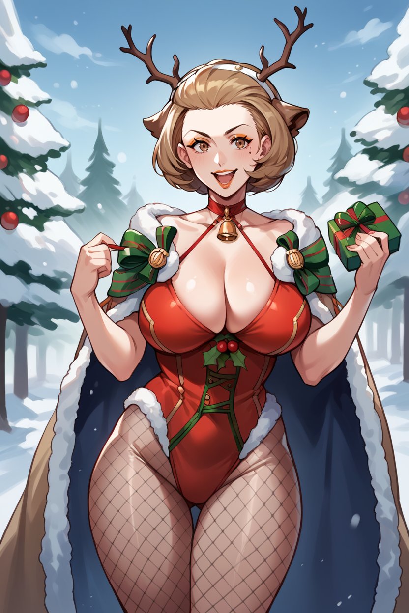 score_9, score_8_up, score_7_up, score_6_up, source_anime, 1girl BREAK <lora:manuela-pdxl-nvwls-v1:1> xmasManuela, short hair, mole under eye, eyeshadow, lipstick, fake antlers, hairband, red choker, red leotard, cleavage, green ribbon, fur-trimmed cape, fishnet pantyhose, large breasts, holding gift box, snow, winter, christmas tree, smile, open mouth