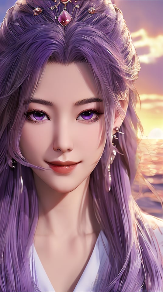 yx,solo,1girl,yx_dress,jewelry,earrings,long hair,purple eyes,looking at viewer,purple hair,closed mouth,realistic,<lora:yx_20240421194232:0.8>,<lora:玫瑰花场景-王导:0.6>,pink rose,flower sea,sunset glow,close ups,smile,cowboy shot,