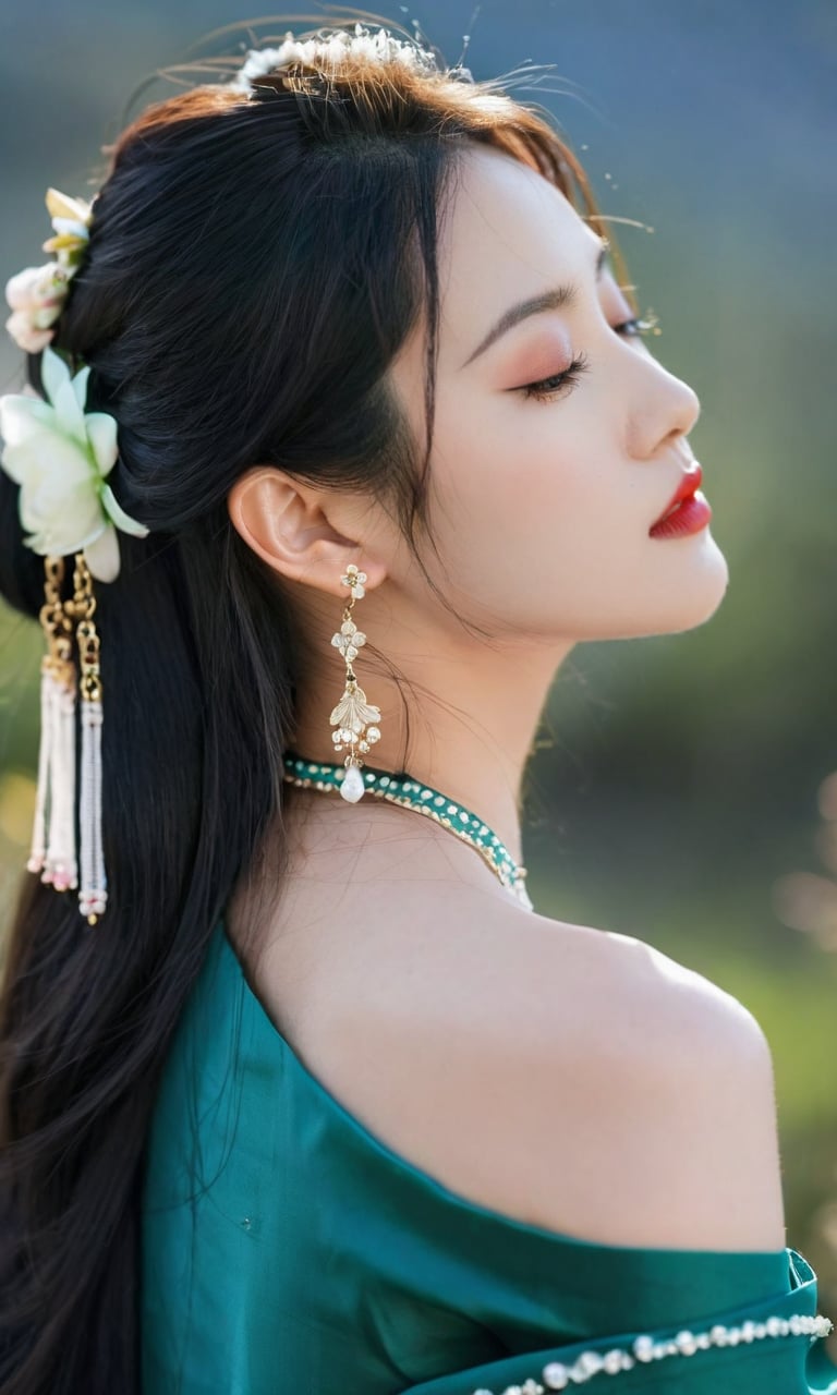 arien photography, chinese art photography, 1girl, solo, jewelry, earrings, black hair, hair ornament, blurry background, dress, blurry, upper body, bare shoulders, long hair, profile, off shoulder, green dress, closed mouth, realistic, red lips, chinese clothes, from side, lips, half-closed eyes, from behind, makeup, flower, eyelashes, off-shoulder dress, aqua dress, watermark, hair flower