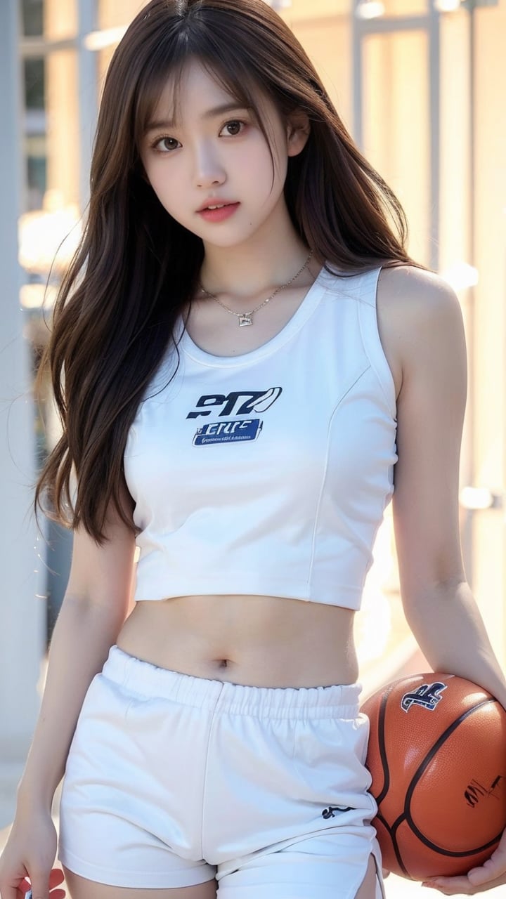 <lora:meinv215:0.8>,1girl, brown hair, long hair, basketball, navel, solo, realistic, sportswear, necklace, jewelry, looking at viewer, ball, midriff, sleeveless, sleeveless shirt, white shorts, shirt, shorts