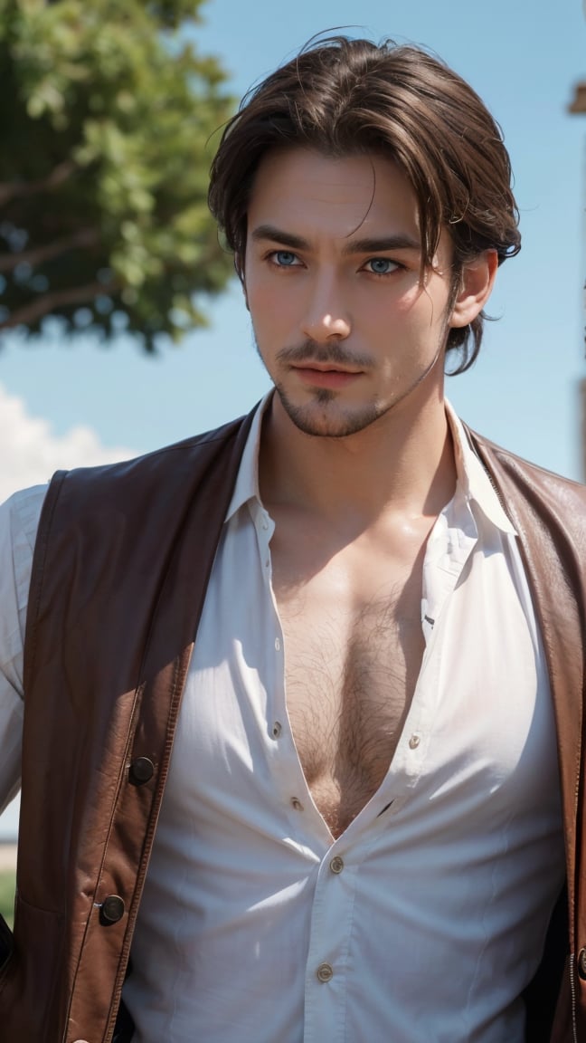 Holding a rapier an adult male pirate with long swept back brown hair, light blue eyes, stumbled facial hair, 1820s era white shirt and red vest, chest hair, holding a rapier, chest hair, 8k, cinematic lighting, island background, realistic,