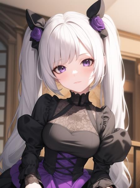 8k, masterpiece, highly detailed, high quality,1girl wearing a black and purple (princess dress), <lora:princess_dress-SD-2.0:1>twintails, gothic, upper body, head tilt, brilliant eyes, white hair, rose