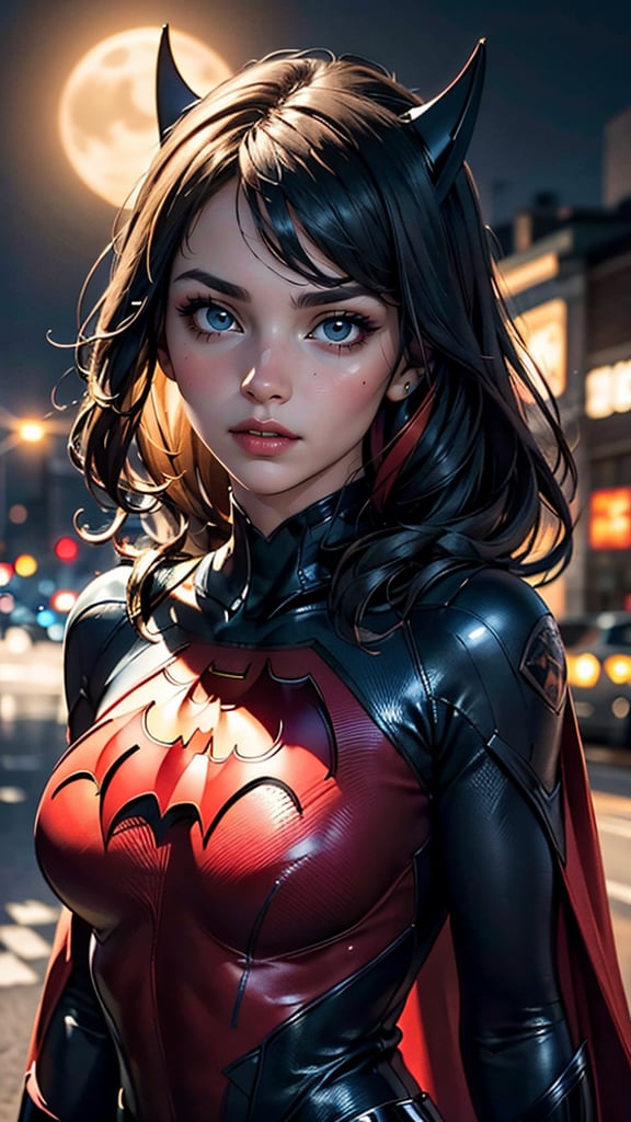 (best quality, masterpiece, colorful, dynamic angle, highest detailed)(Batwoman), upper body photo, fashion photography of cute girl (Batwoman), dressing high detailed Batwoman suit (high resolution textures), in dynamic pose, bokeh, (intricate details, hyperdetailed:1.15), detailed, moonlight passing through hair, perfect night, (fantasy background), (official art, extreme detailed, highest detailed), HDR+