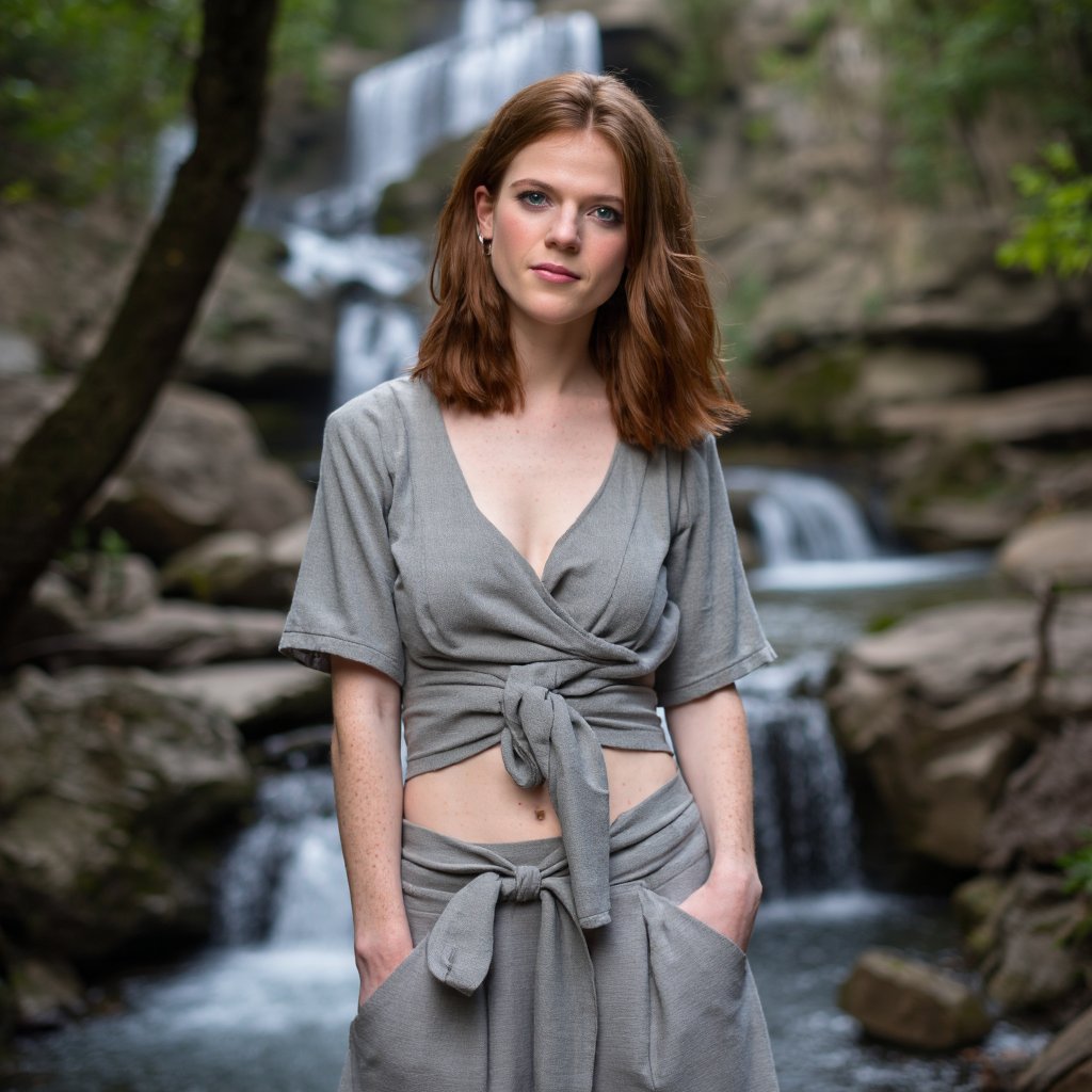 A portrait of rose_leslie standing in front of a cascading waterfall. She wears a light gray, short-sleeved top with a deep V-neckline and a matching gray skirt tied at the waist. Her hair is styled in loose waves, and she has a neutral expression. The background is a serene natural setting with trees, rocks, and a flowing stream. Soft lighting casts gentle shadows, highlighting the woman's features. The image conveys a calm and contemplative mood.