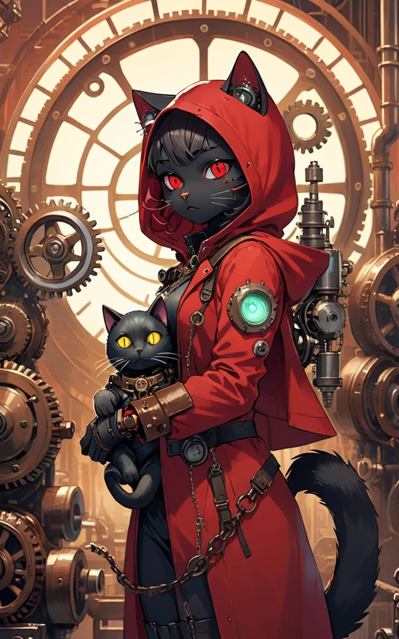 {Illustration} of a steampunk-themed scene featuring a red-hooded figure with intricate mechanical gadgets and gears, accompanied by a sleek black cat with glowing mechanical eyes, set against a backdrop of industrial machinery and vintage clockwork. The figure carries a sense of adventure and mystery, while the cat exudes an air of intelligence and companionship, all within the captivating steampunk aesthetic