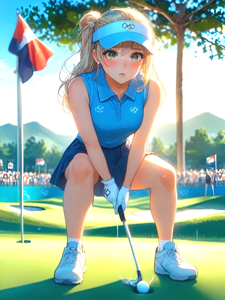 source_anime, holding golf club, playing golf, golf course, golf ball, full body, 1girl, leaning forward, olympic rings, visor cap, polo shirt, sleeveless, skirt, gloves, sneakers, shy, blush, parted lips, big tits, blonde hair, side swept fringe, outdoors, sunrise, colorful sky, flagpole, squatting, <lora:girllikeplayinggolf_pony:1>