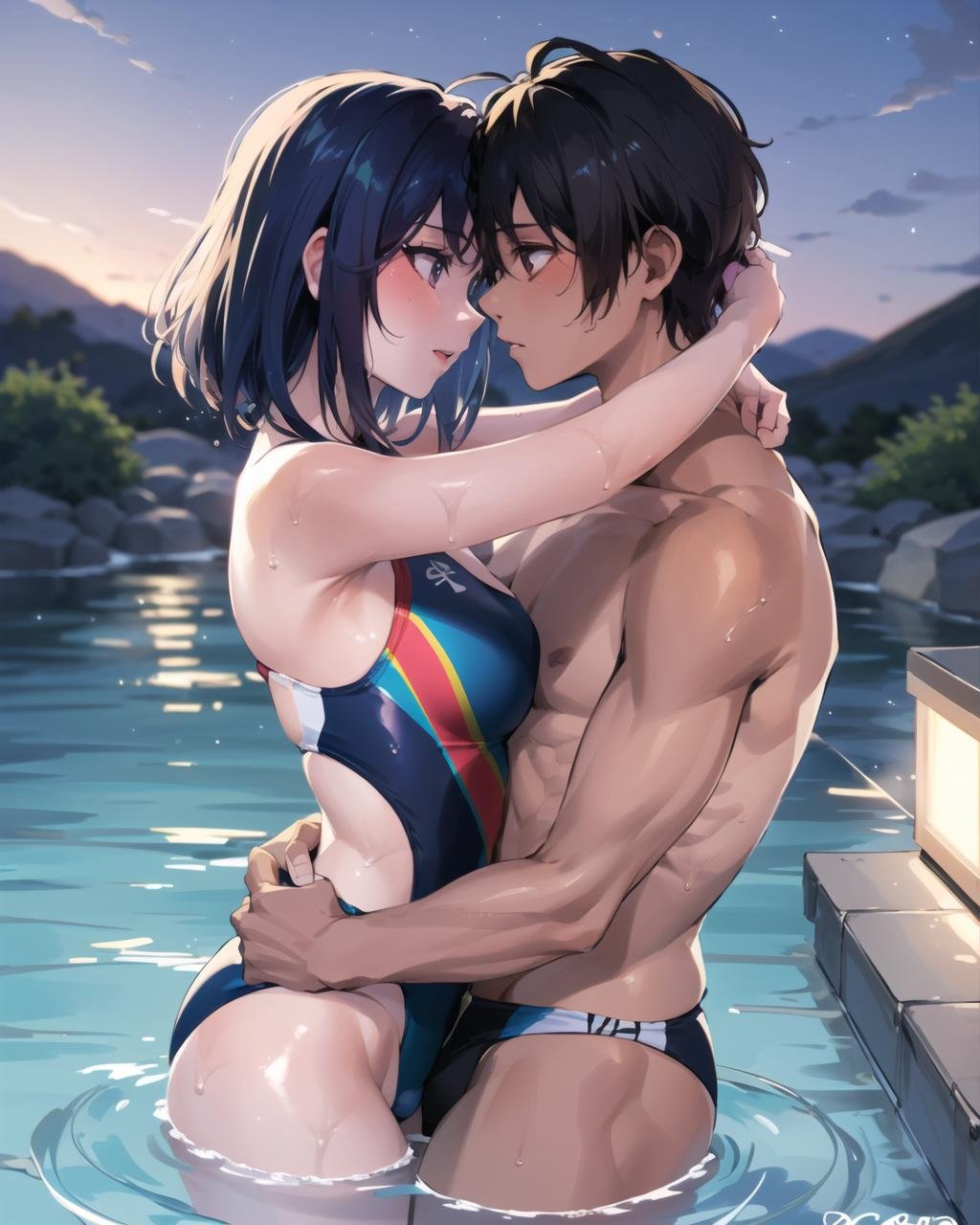 forehead-to-forehead,1boy, 1girl, hetero, swimsuit, partially submerged, hot spring, outdoors, hug,   <lora:forehead-to-forehead_v2_b-000008:0.9>