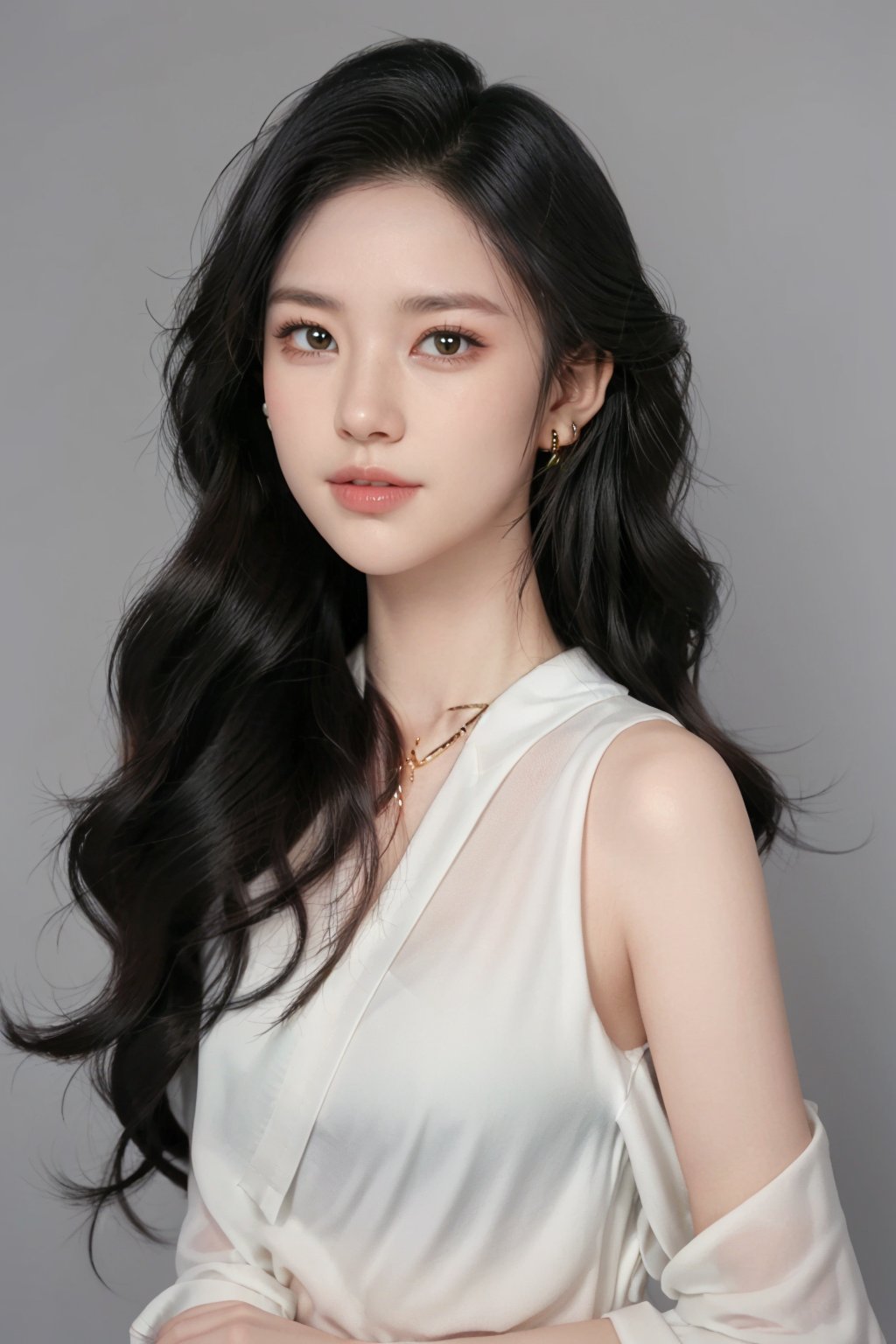 1girl,solo,black hair,long hair,necklace,earrings,realistic,looking at viewer,formal,simple background,parted lips,black eyes,big waves and long hair,gray white gradient background,black shirts,loose and comfortable,<lora:girl:0.8>,