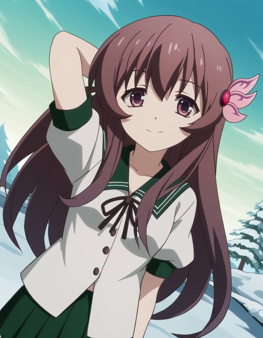 score_9, score_8_up, score_7_up, source_anime, <lora:kancolle-kisaragi-s1-ponyxl-lora-nochekaiser:1>, kisaragi, long hair, brown hair, hair ornament, brown eyes, purple eyes, kisaragi (kancolle), skirt, school uniform, short sleeves, pleated skirt, serafuku, green skirt,, snow day, winter clothes, snowball fight, laughter, cold breath, white landscape, , looking at viewer, hand behind head, smile,, solo,, cowboy shot, dutch angle