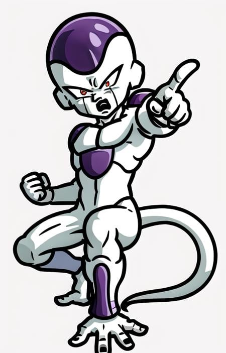 masterpiece, best quality, frieza, 1boy, on one knee, pointing at viewer, angry, full body, looking at viewer, male focus, tail, red eyes, solo, white background, <lora:RhythmHeavenV1.1:0.7>, <lora:Frieza:0.9>