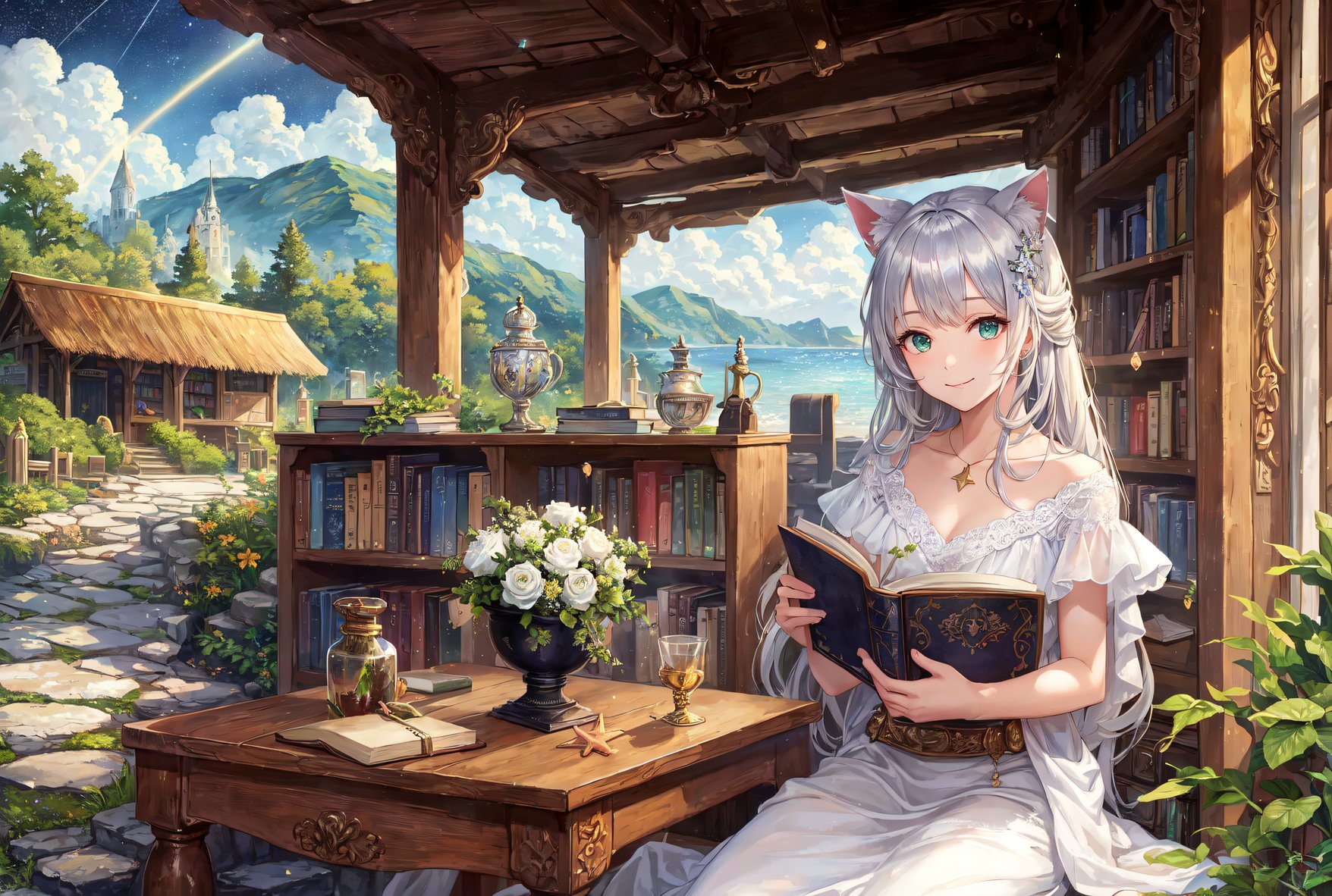 (8k, best quality, masterpiece:1.4), ultra high res, amazing, (realistic:1.48), 1girl, solo, shoot sky view, swept back hair, detailed pupils, blue sky, books, notebooks, ultra detailed moss green eyes, (scenery), (lens flare:1), realistic shadows from objects, meteor shower, detailed background, bookshelf, book stack, 1 girl cat ears silver long hair, (bottles sphere:0.5), golden light, mana light, star trail, outdoors library, detailed lighting, soft lighting colorful, beach scenery, ray light, white gown, chest, many crystals in wooden chest, golden light, (crystal daylight:0. 6), botanical ornaments, botanical books, potion in glass bottle, smile, light smile