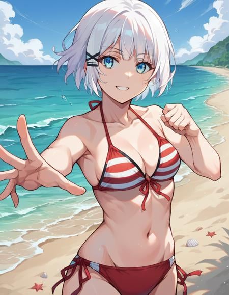 score_9, score_8_up, score_7_up, source_anime,siesta, <lora:siesta-ponyxl-lora-nochekaiser:1>,siesta, short hair, bangs, blue eyes, hair ornament, white hair, hairclip, smile,bikini, striped bikini, red bikini, navel, collarbone,outdoors, beach,looking at viewer, cowboy shot, dynamic pose,