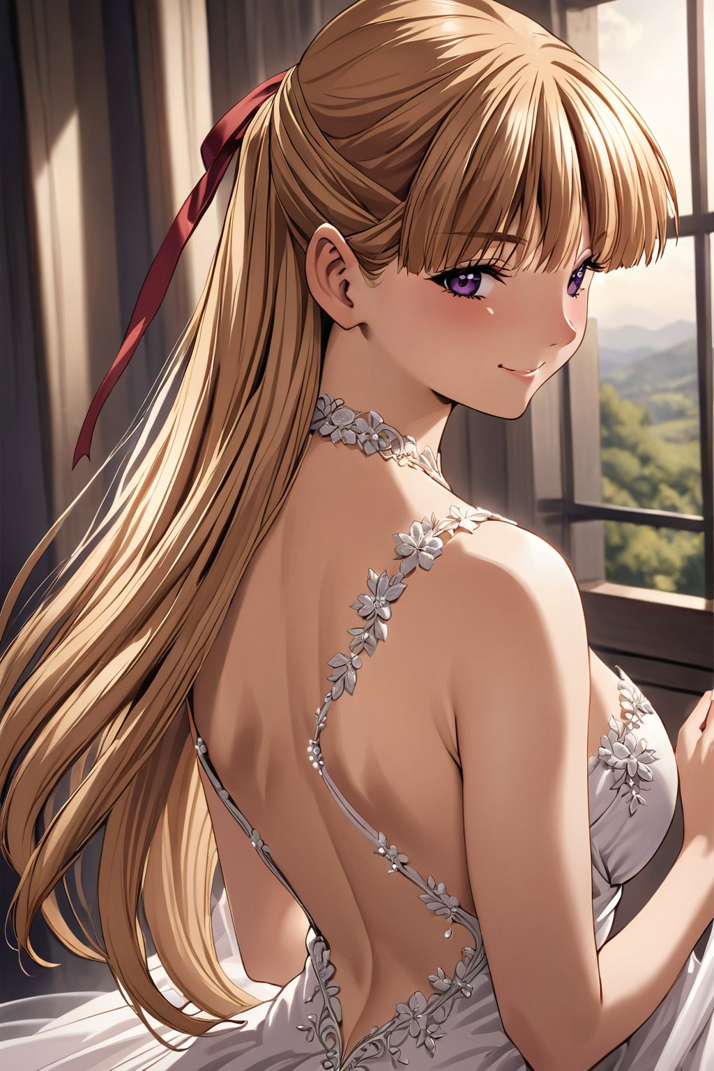 high detailed,very aesthetic,cowboy shot,kanzaki asuka, 1girl, solo, blonde hair, long hair, wedding dress, smile, half updo, hair ribbon, back, looking back,(masterpiece, high-quality, breathtaking, highres, ultra detailed), (expressive eyes, perfect face),<lora:kanzaki asuka aam:0.8>