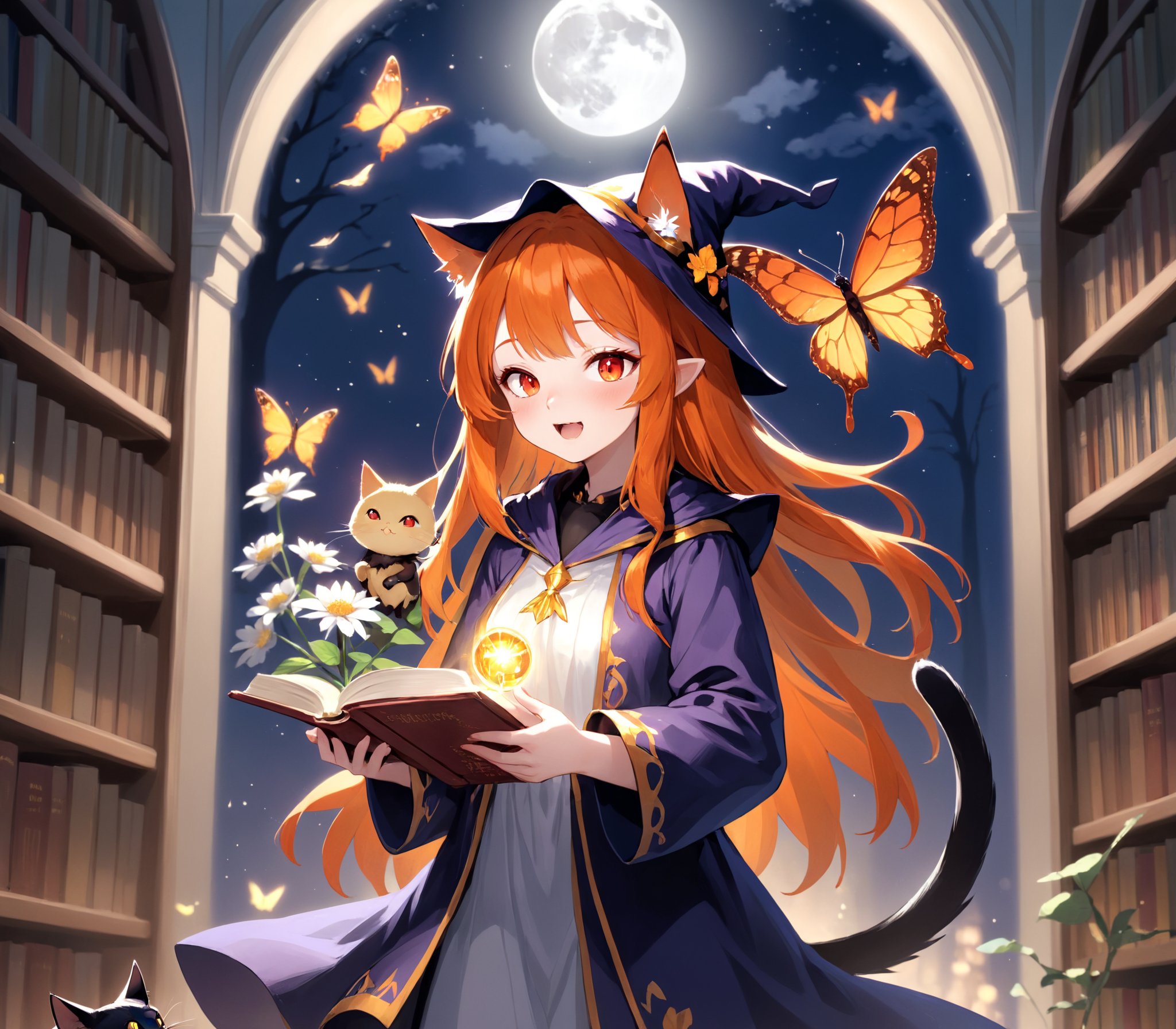 highres,best quality,wizard, 1 girl, illuminated by the moonlight, with her black cat familiar, Fantastically lit library, invoking magic, best quality, newest, absurdres, animal, animal focus, bird, bug, butterfly, closed eyes, english text, full body, holding, holding flower, open mouth, orange hair, red eyes, simple background, solo, white background