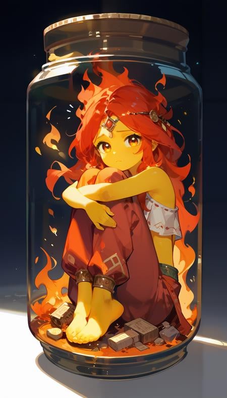 masterpiece,detailed,score_9,score_8_up,score_7_up,score_6_up,1girl,solo,anime,cute,sexy,red hair,yellow skin,crop top,(hugging own legs:1.3),(ruins background),(in container:1.3),full body,cork,<lora:FlamePrincess_PDXL:0.5>,<lora:in_jar_v1_unpruned:0.8>,in a jar,<lora:EpicF1reP0ny:0.6>,fire,flames,fire aura,looking at viewer,baggy pants,side slit,gypsy,curious,sad,