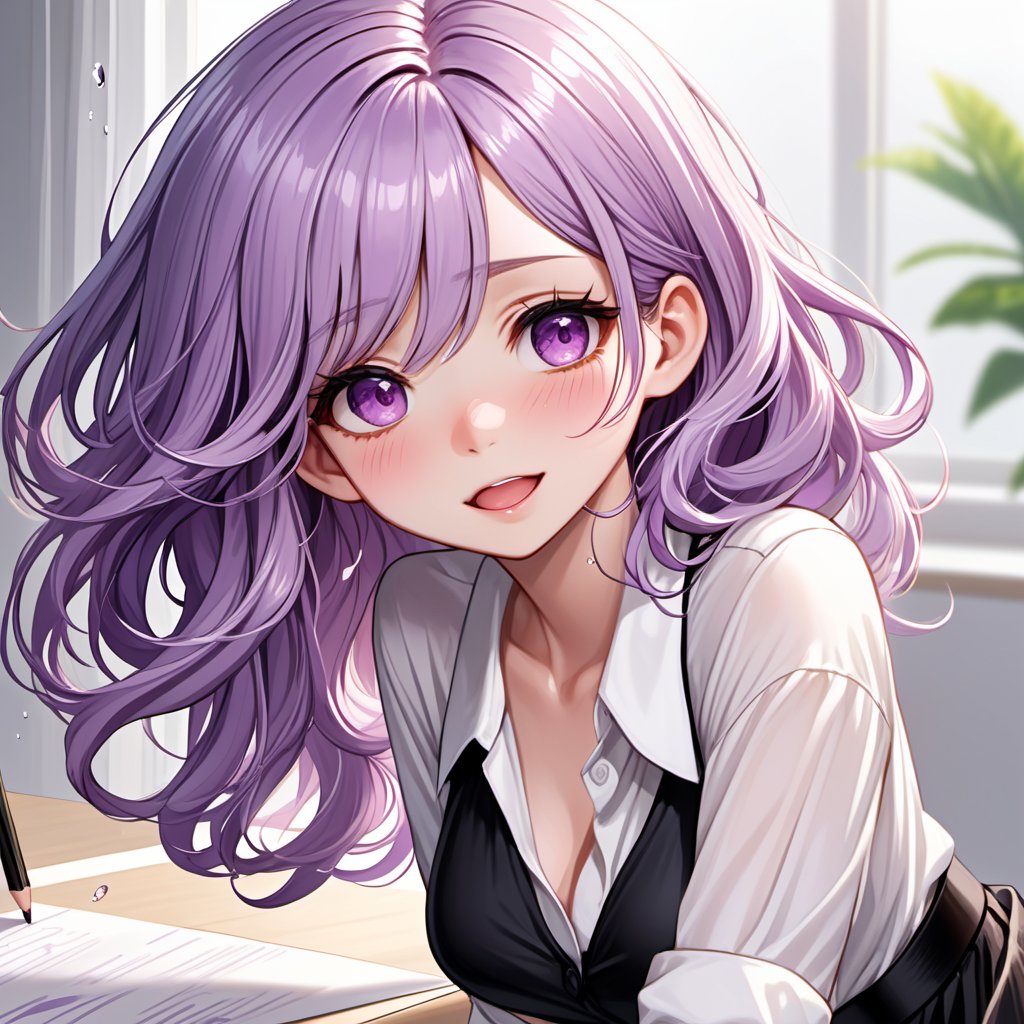 Masterpiece,  high quality, 1 pretty,  lovely girl,  white skin,  light purple hair,  shoulder-length hair,  light curls,  wearing a white shirt and a long black pencil skirt,  (((tears of joy)))),  Super Detail,  Full HD