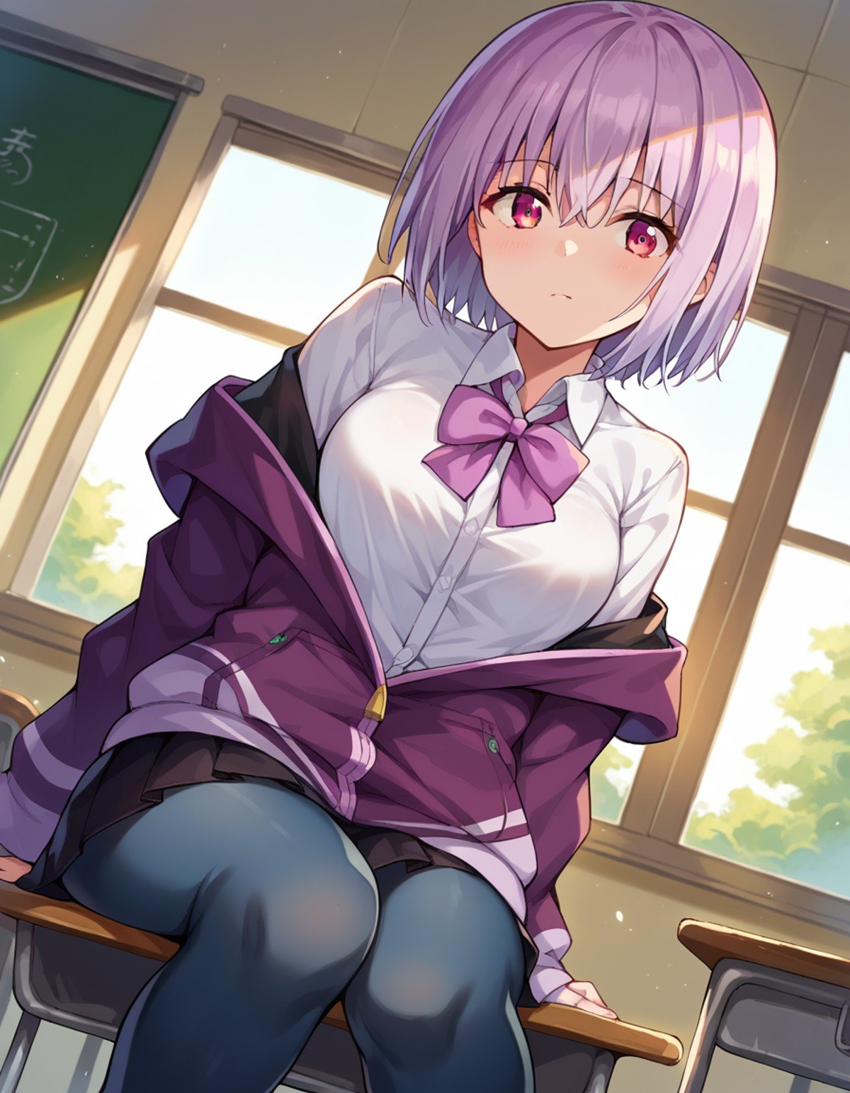 score_9, score_8_up, score_7_up, source_anime,akaneshinjou, <lora:akane-shinjou-ponyxl-lora-nochekaiser:1>,shinjou akane, light purple hair, pink eyes, short hair,black pantyhose, bow, collared shirt, hood, hooded jacket, jacket, open clothes, open jacket, open shirt, pantyhose, purple bow, purple jacket, school uniform, shirt, sleeves past wrists, unbuttoned shirt, white shirt,indoors, classroom, window, sitting, desk, chair,looking at viewer, cowboy shot, dutch angle,