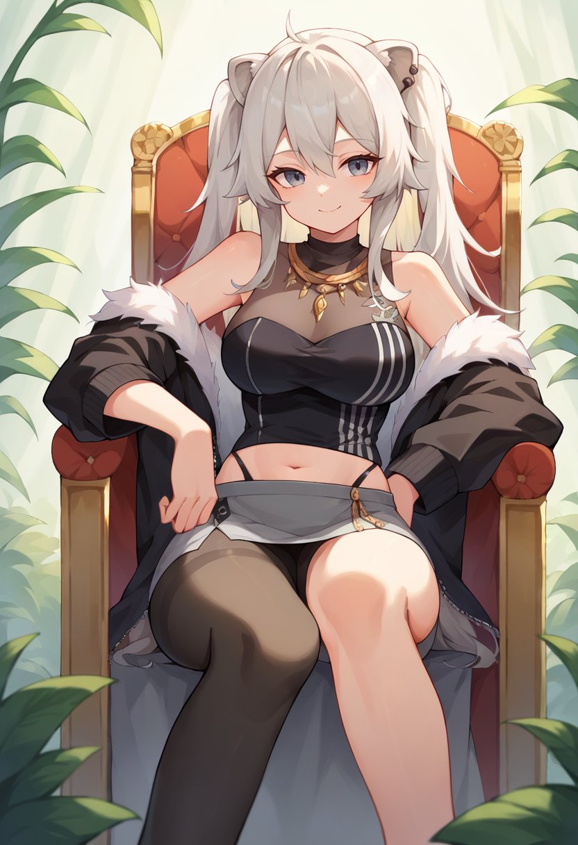 core_9, score_8_up, score_7_up, BotanBase, long hair, two side up, ear piercing, necklace, black shirt, sleeveless shirt, midriff, see-trough, grey skirt, single leg pantyhose, pantyhose, fur-trimmed jacket, black jacket, off shoulder, smile, sitting, throne, <lora:ShishiroBotanPDXL:1>