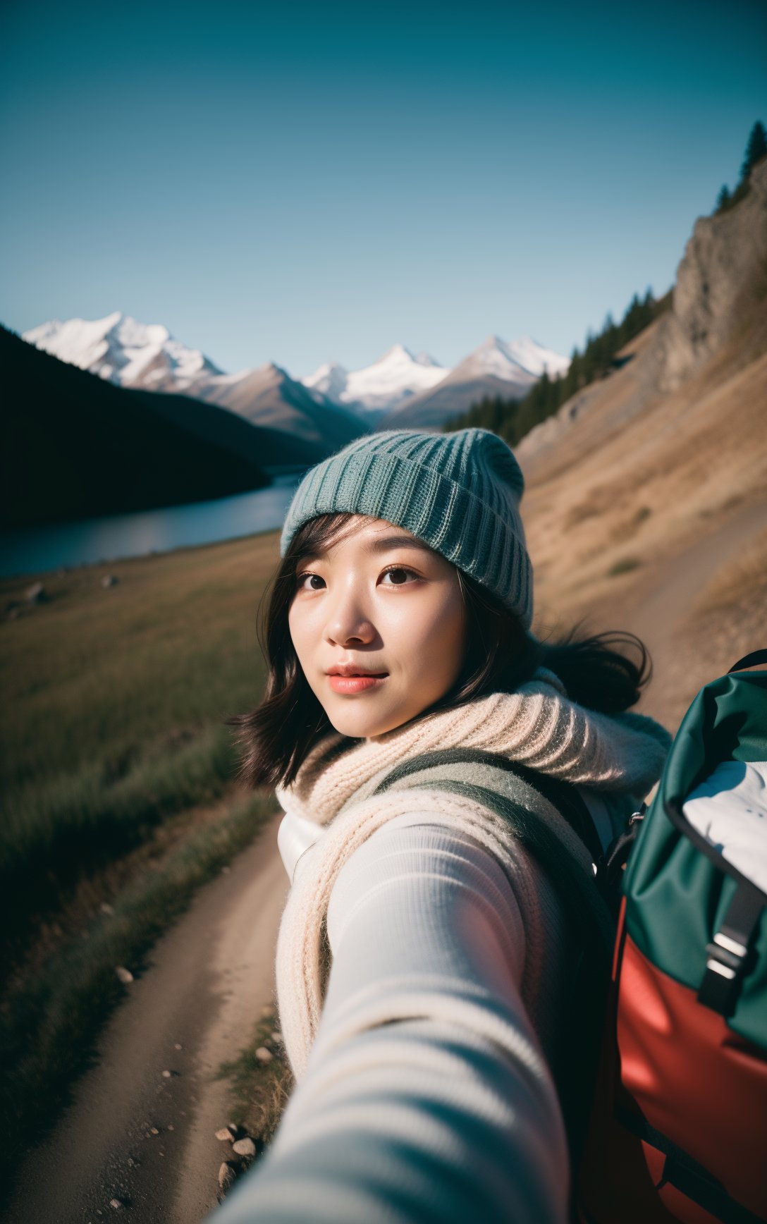 1 woman((upper body selfie, happy)),masterpiece,best quality,ultra-detailed,solo,outdoors,(night),mountains,nature,(stars, moon)   cheerful,happy,backpack,sleeping bag,camping stove,water bottle,mountain boots,gloves,sweater,hat,flashlight,forest,rocks,river,wood,smoke,shadows,contrast,clear sky,analog style (look at viewer:1.2)  (skin texture),(film grain:1.3),(warm hue, warm tone),