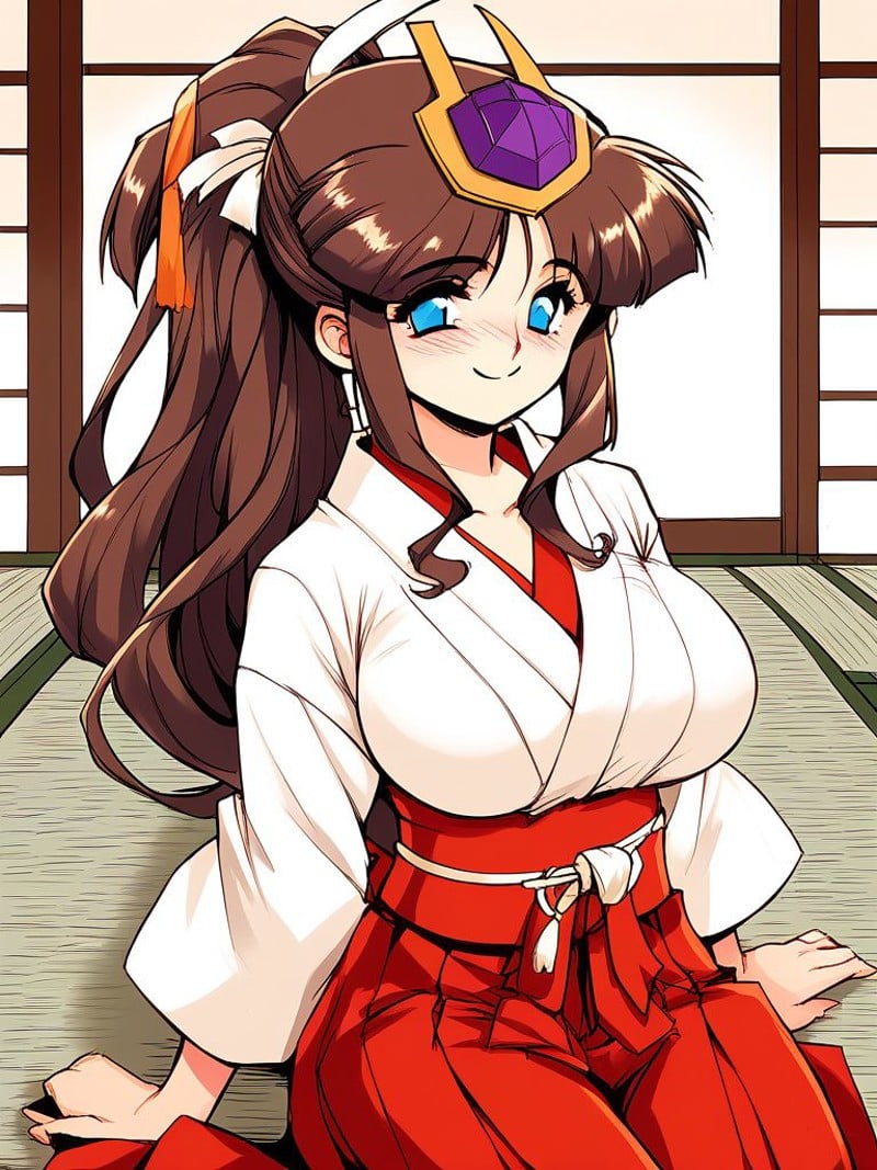 score_9, score_8_up, score_7_up, source_anime, rating_explicit, BREAK  <lora:Raika_XL:1>Raika, long hair, blue eyes, brown hair, ponytail, large breasts, hat, smile, blush,miko, red hakama, under body, Japan room, tatami, 