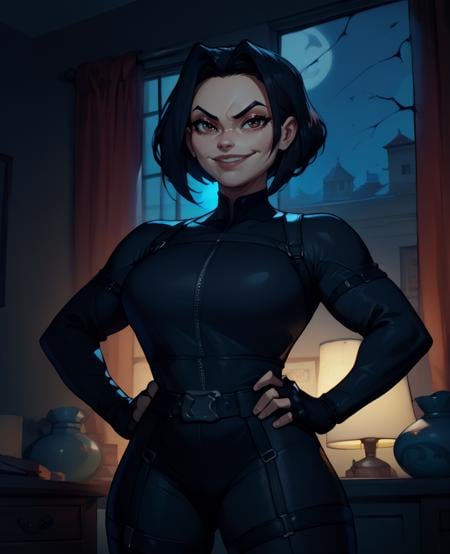 score_9,score_8_up,score_7_up,score_6_up,smug,jadejca,short black hair,brown eyes, hands on hips, smiling,black fingerless gloves,black bodysuit,black belt,straps,Hong Kong,indoors,mature,night,<lora:JadeJCA:1>, solo, 