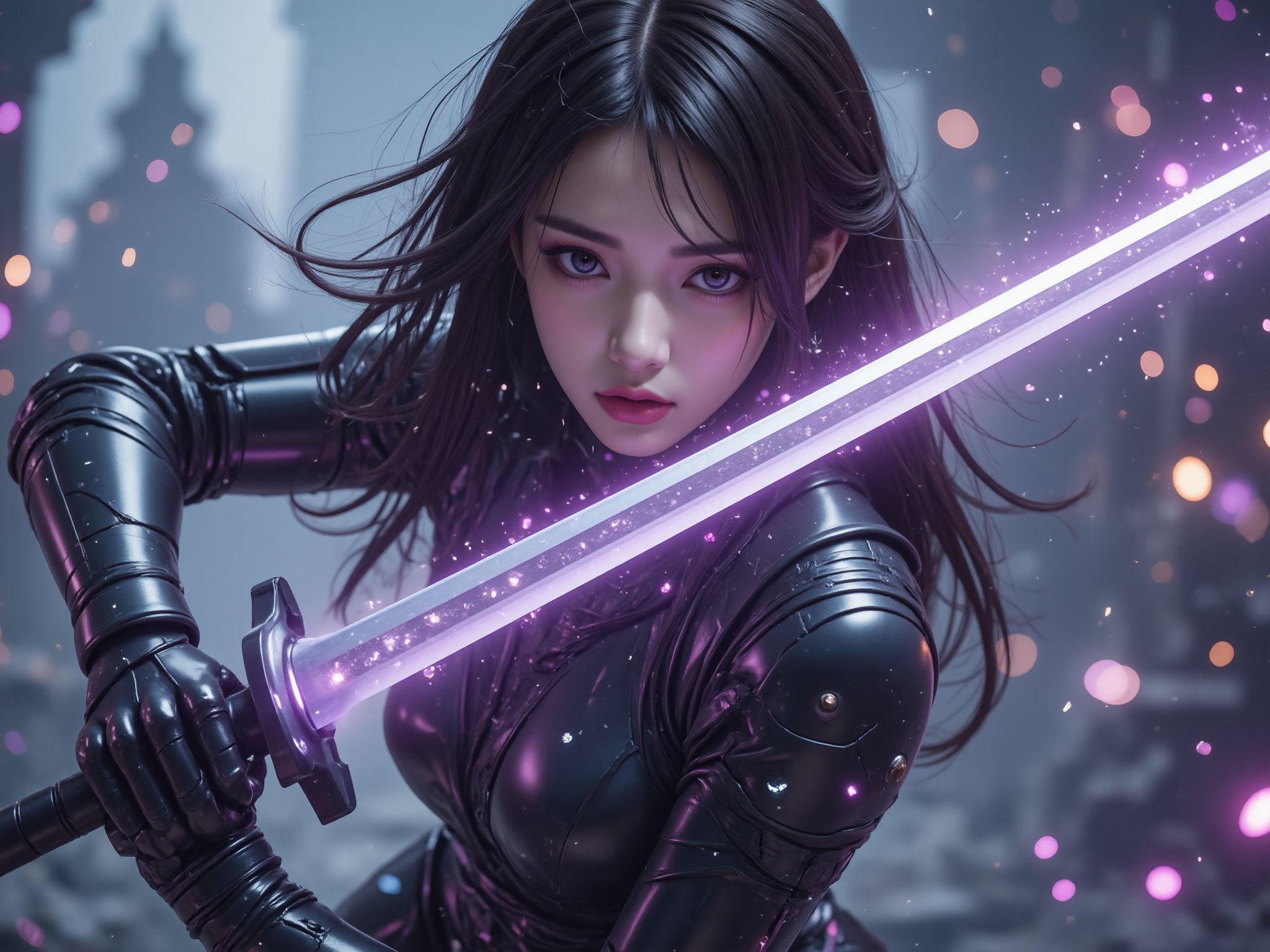 (A cinematic shot of a beautiful asian female cyborg, detailed face features, black hair, robotic arms, robotic legs, holding a purple glowing katana by the handle in attacking pose, purple fire around the katana blade, best quality, amazing details, temple in background:1.2), hkwarrior, mythp0rt<lora:极品超模V8_2.0:0.8>