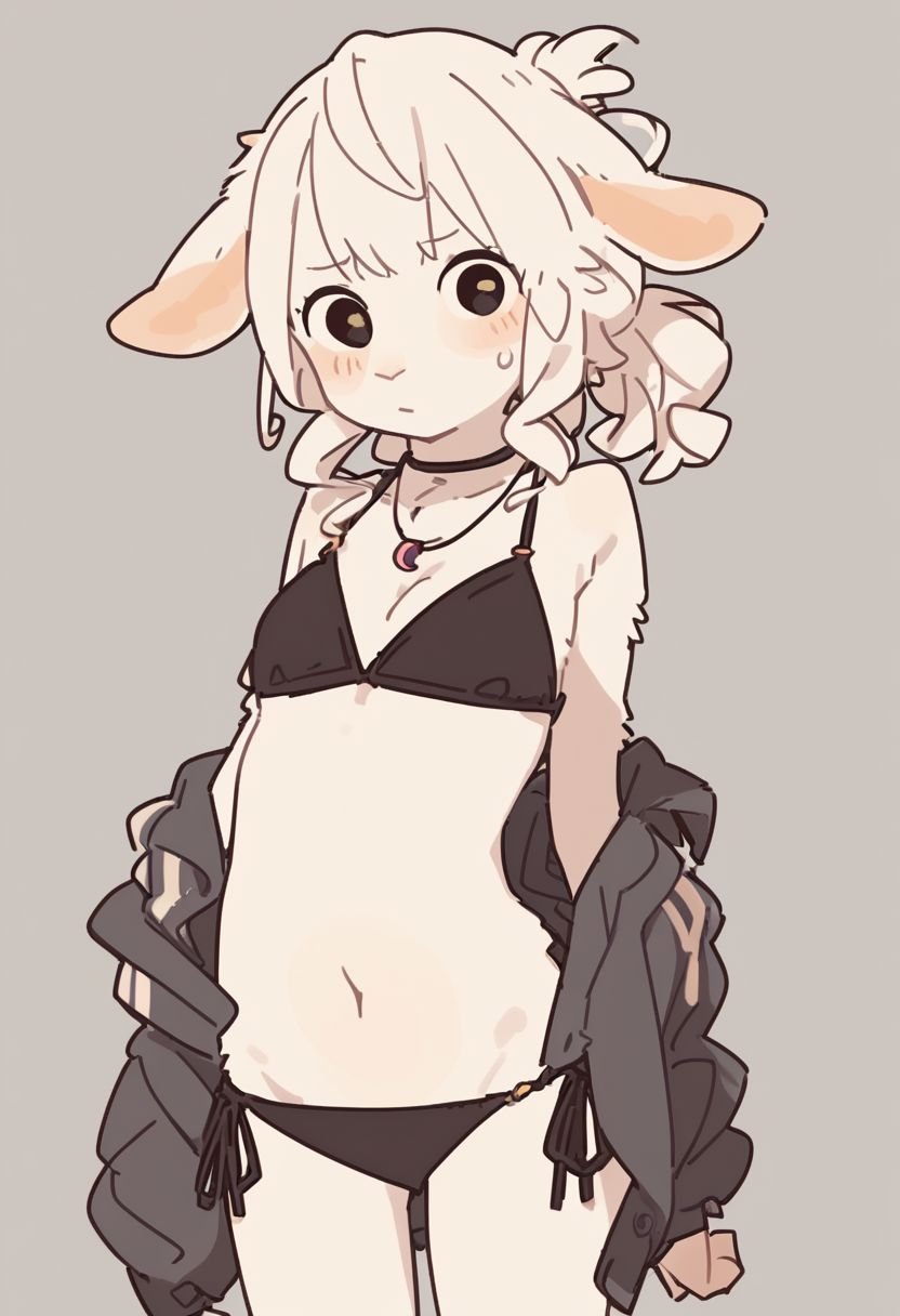 score_9, score_8_up, score_7_up, score_6_up, score_5_up, score_4_up, 1girl, rating questionable, jewelry, goat girl, white fur, :3, looking at viewer, bikini,  standing, blush, simple background, by yagi the goat