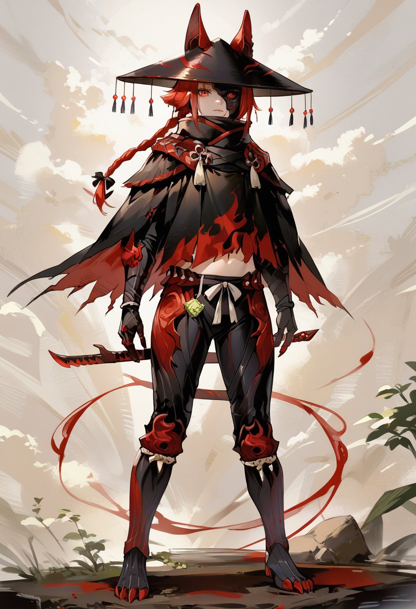 source_furry,(score_9:0.9),score_8_up,score_7_up,rating_safe,anime style,(zPDXL),<lora:Ex Odogaron Armor ponyXL v1.2:0.78>,ex odogaron armor,red headwear,red mask,red gloves,red cape,red pants,red knee boots,red eyes,red hair,1girl,solo,navel,looking at viewer,standing,black animal ears,one eye covered,braided ponytail,short hair, blood