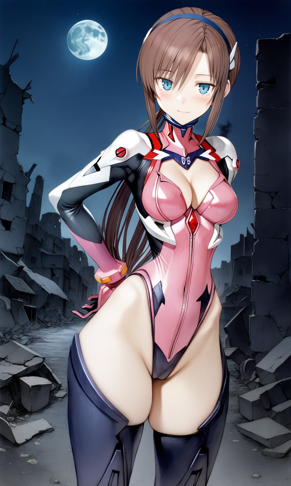 1girl, marishin, blue eyes, brown hair, medium breasts, cleavage, linea alba, hip bones, wide hips, thighs, (plugsuit:1.1), thigh boots, looking at viewer, light smile, upper body, straight-on, arms at sides, (hands behind back:1.15), outdoors, ruins, night, moon, masterpiece, best quality, very aesthetic, absurdres, nyatabe, (mogudan:0.5), <lora:MariShinFlare_XL:0.7><lora:Nyatabe_XL:1> 