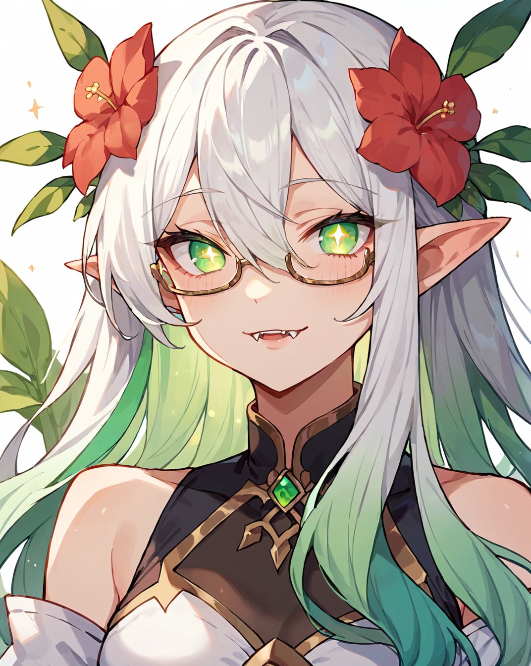 score_9, score_8_up, score_7_up, source_anime, female, semi-rimless eyewear, fangs, humanoid pointy ears, long hair, glowing eyes, hair flower, white background, symbol-shaped pupils, white background, gradient hair, white hair to green hair, hair between eyes, green eyes, long hair